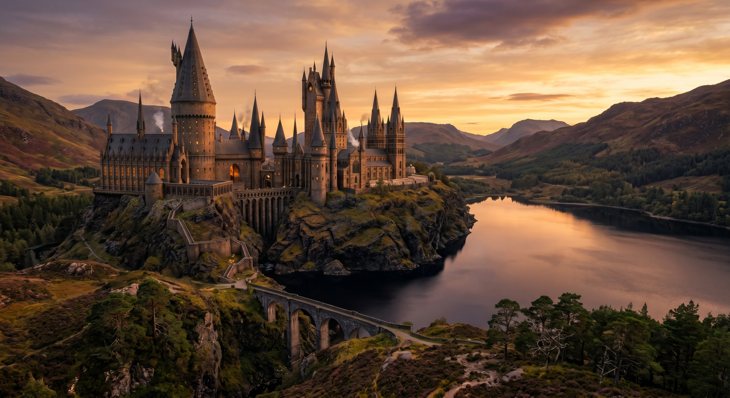 Majestic Hogwarts-style wizarding castle on Scottish highland cliff representing the magic of the wizarding world