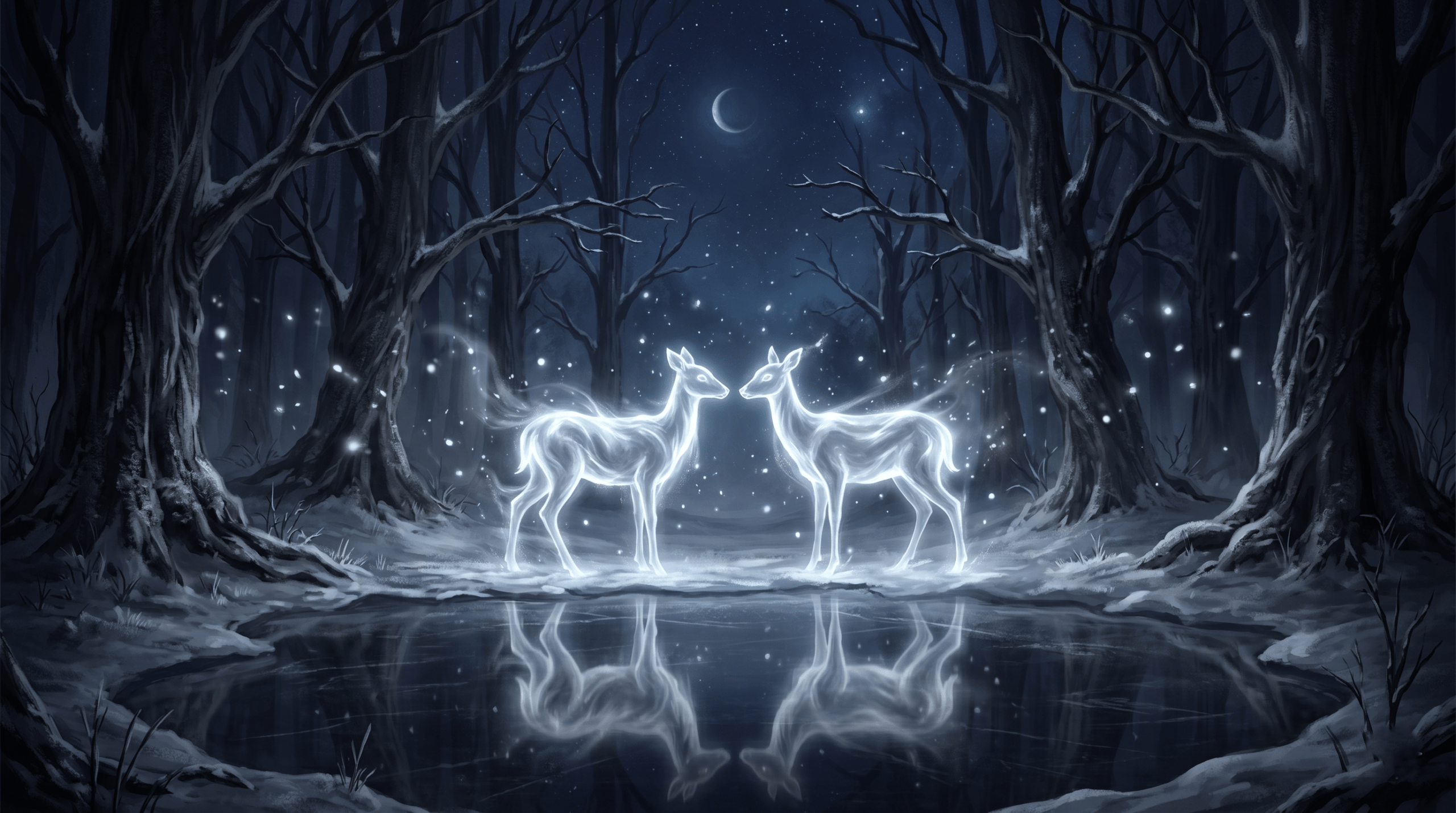 Two silver doe Patronuses facing each other in a dark enchanted forest reflected in a frozen pond