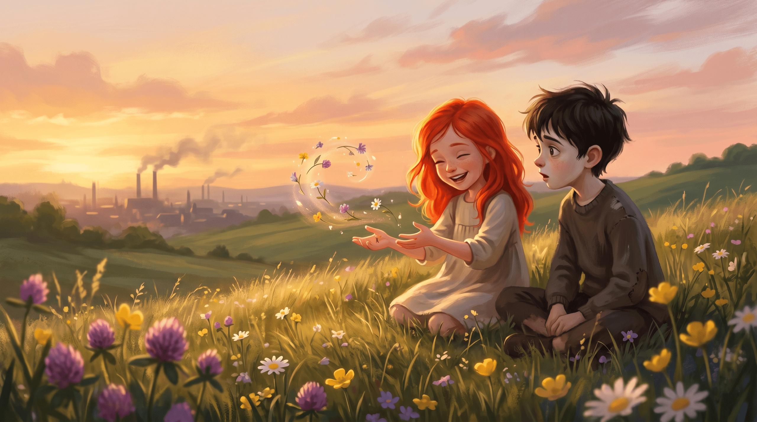 Young Snape and Lily sitting on a hillside at golden hour as she performs magic with wildflowers around her