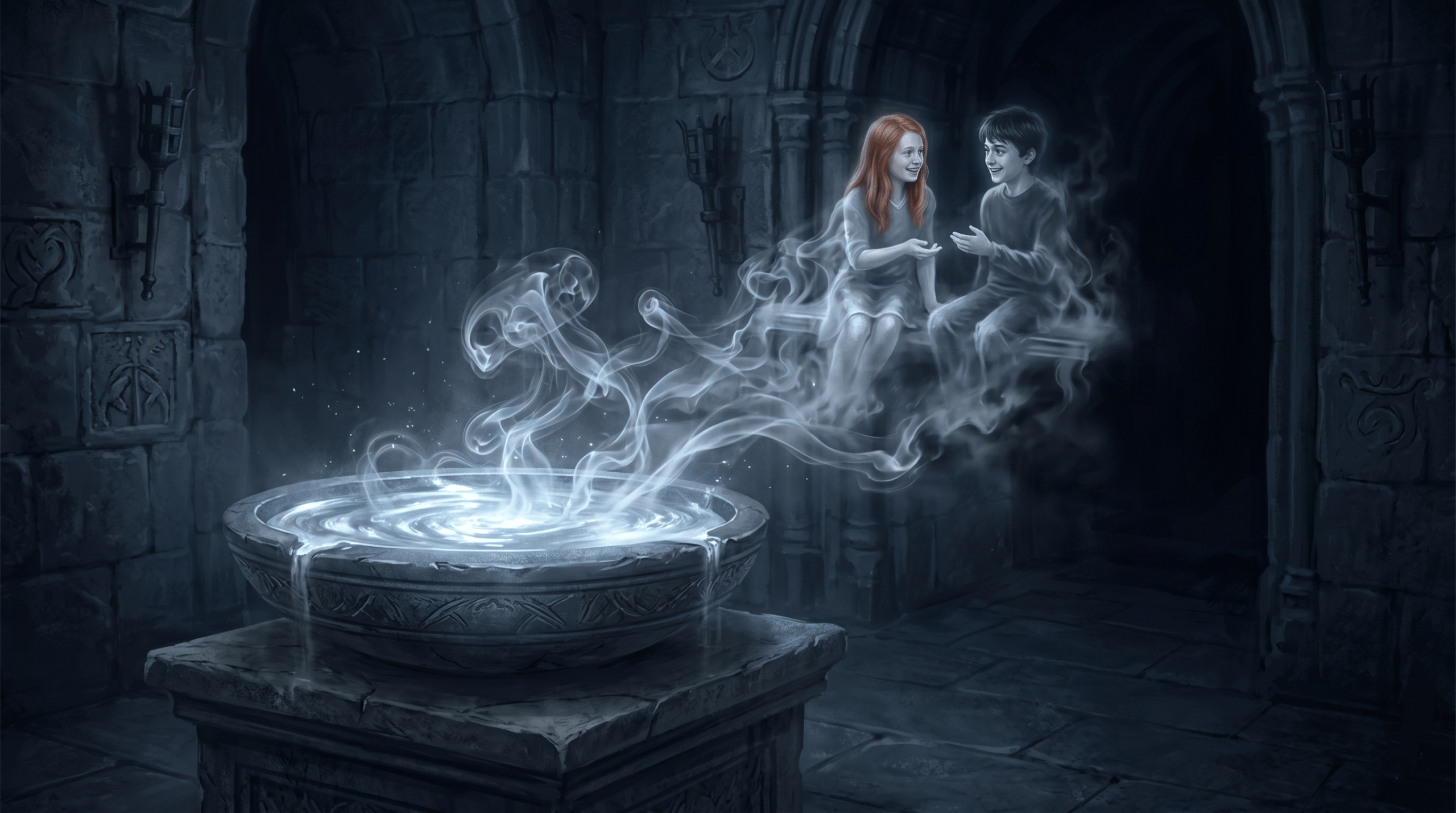Pensieve glowing with silver memories in a dark Hogwarts stone chamber — Harry Potter always scene