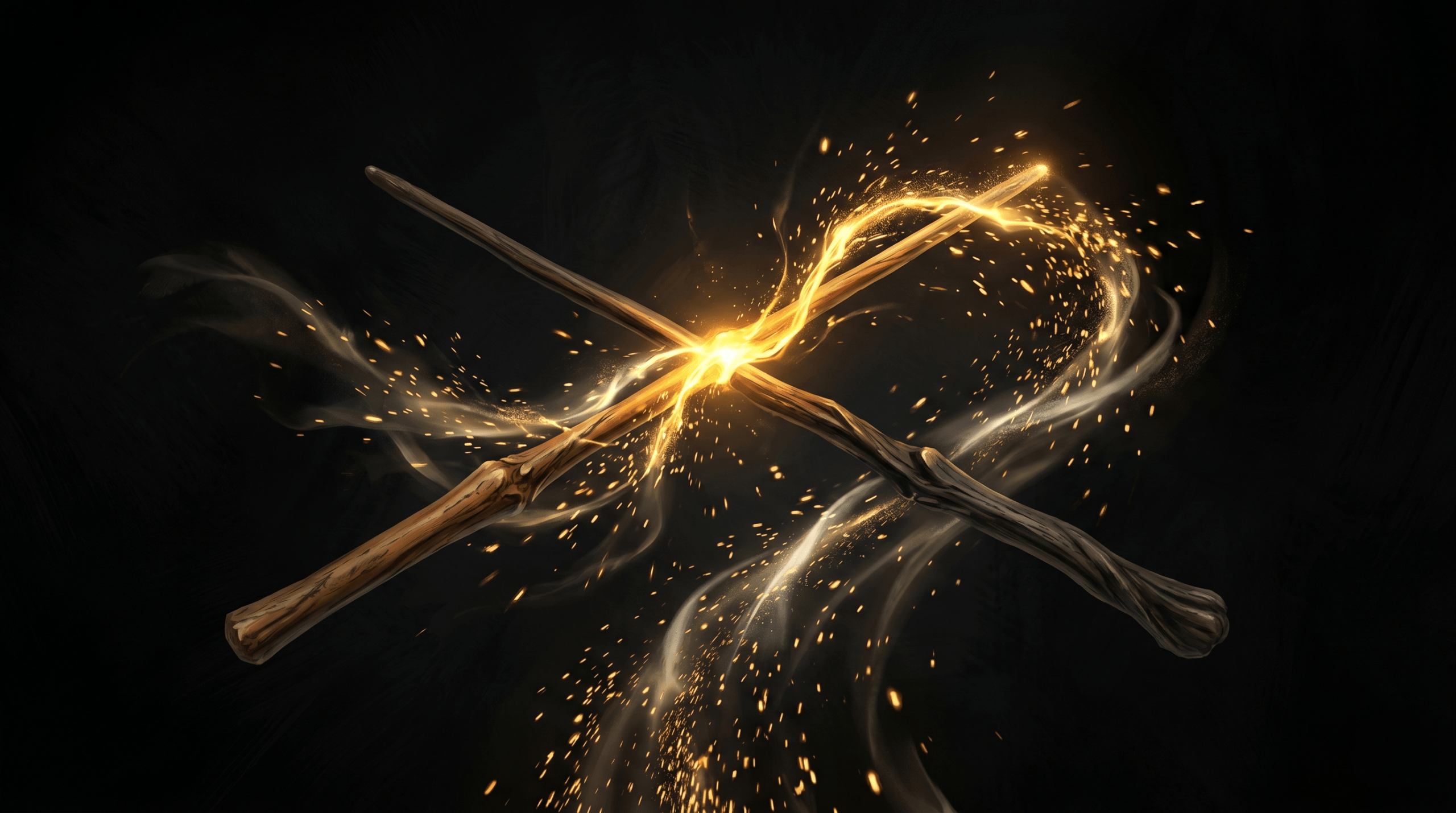 Two magical wands connected by golden Priori Incantatem energy in a dramatic cinematic duel scene