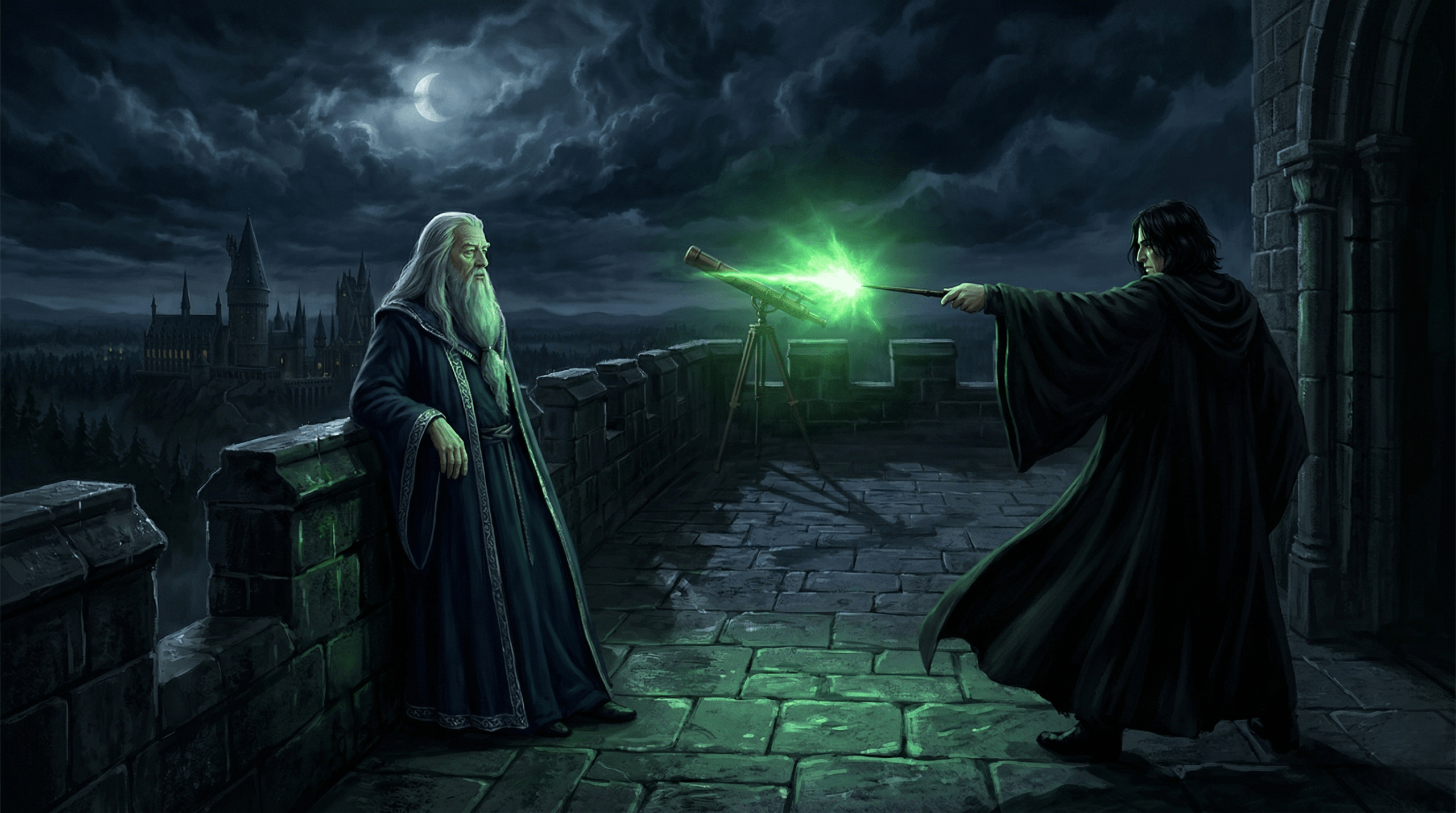 Dramatic astronomy tower scene depicting the death of Dumbledore by the Killing Curse in Harry Potter Half-Blood Prince
