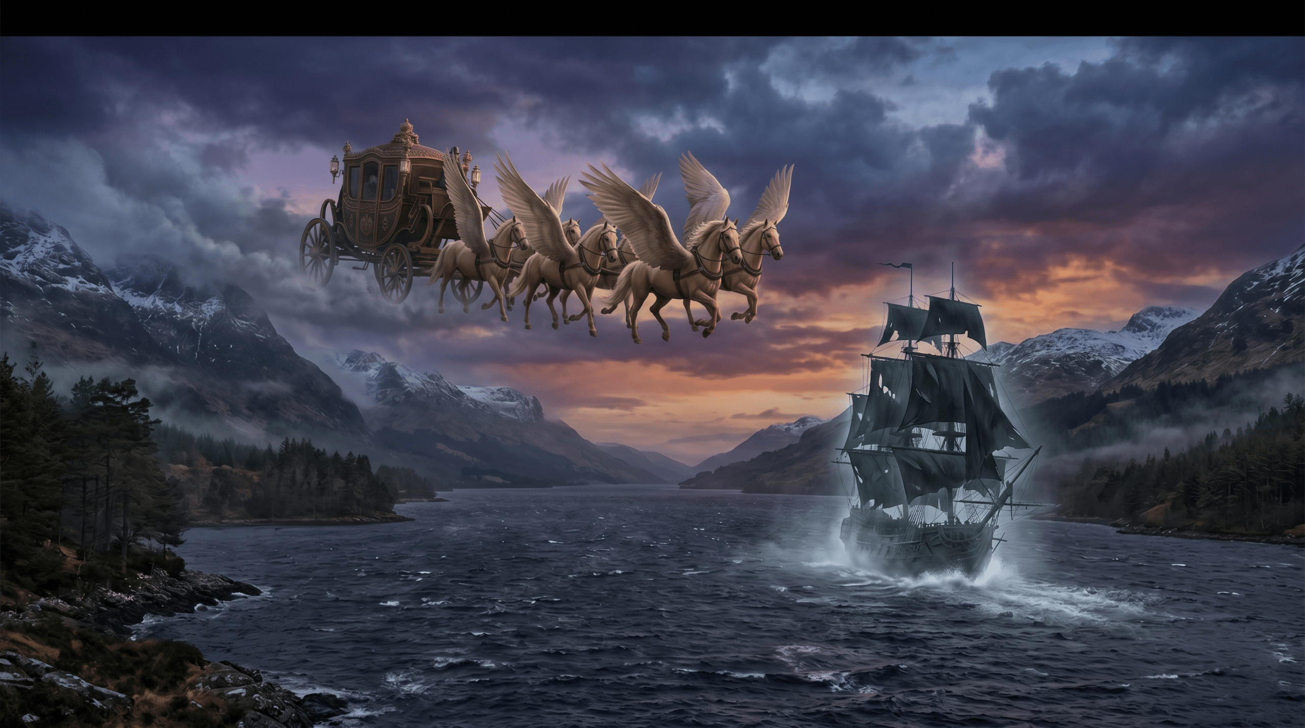 Magical school delegations arriving by enchanted carriage and sailing ship for the Triwizard Tournament