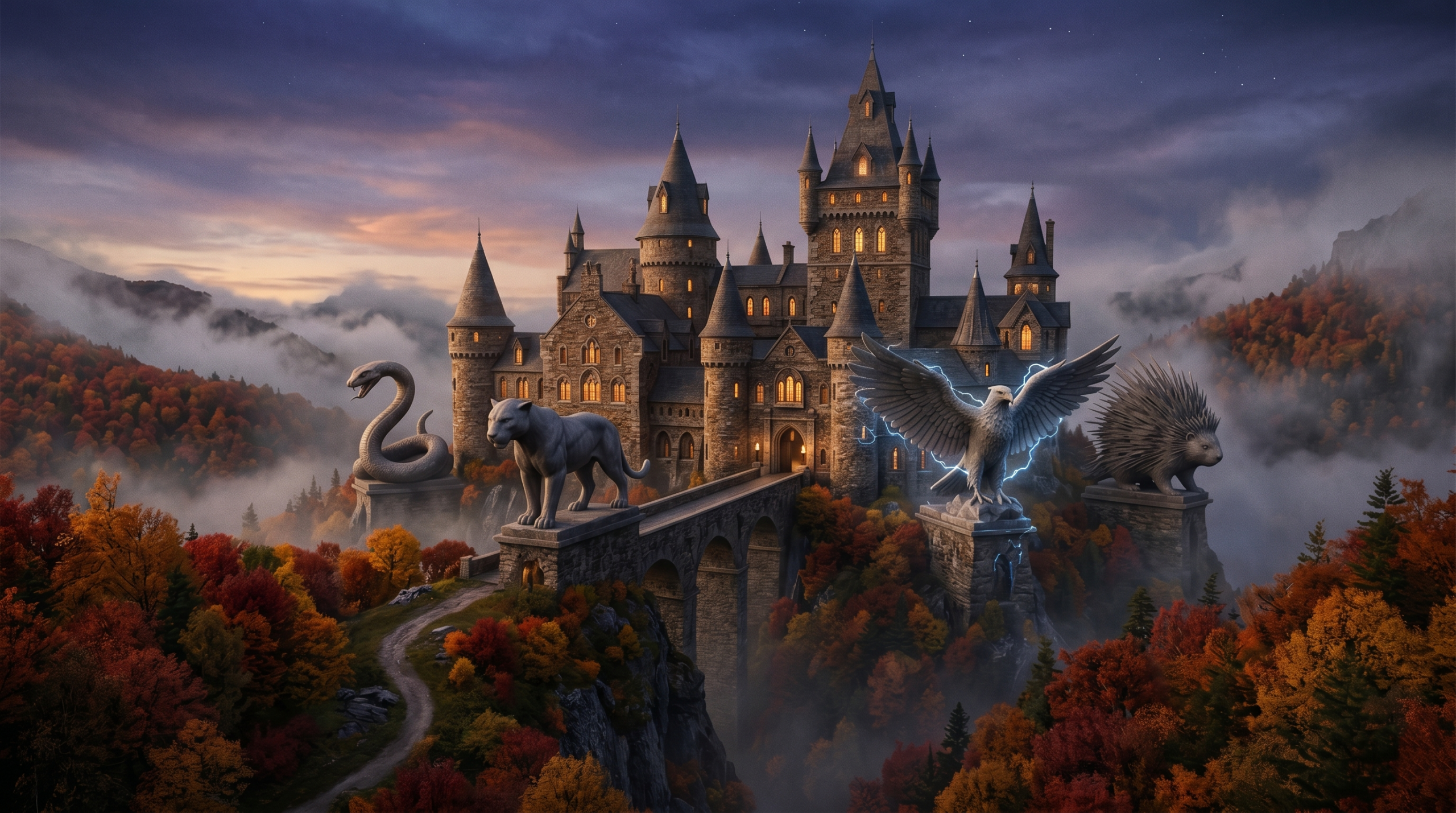 Ilvermorny School of Witchcraft and Wizardry castle on misty mountaintop in Massachusetts American wizarding world