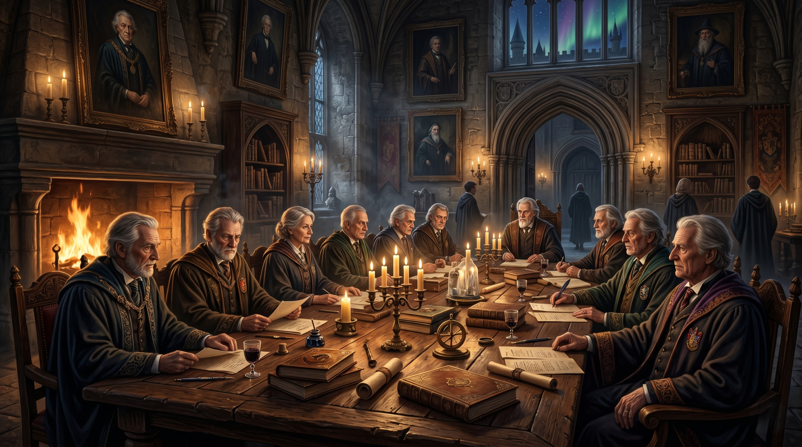  Distinguished elderly wizarding professors gathered around an antique table in a candlelit Hogwarts staffroom
