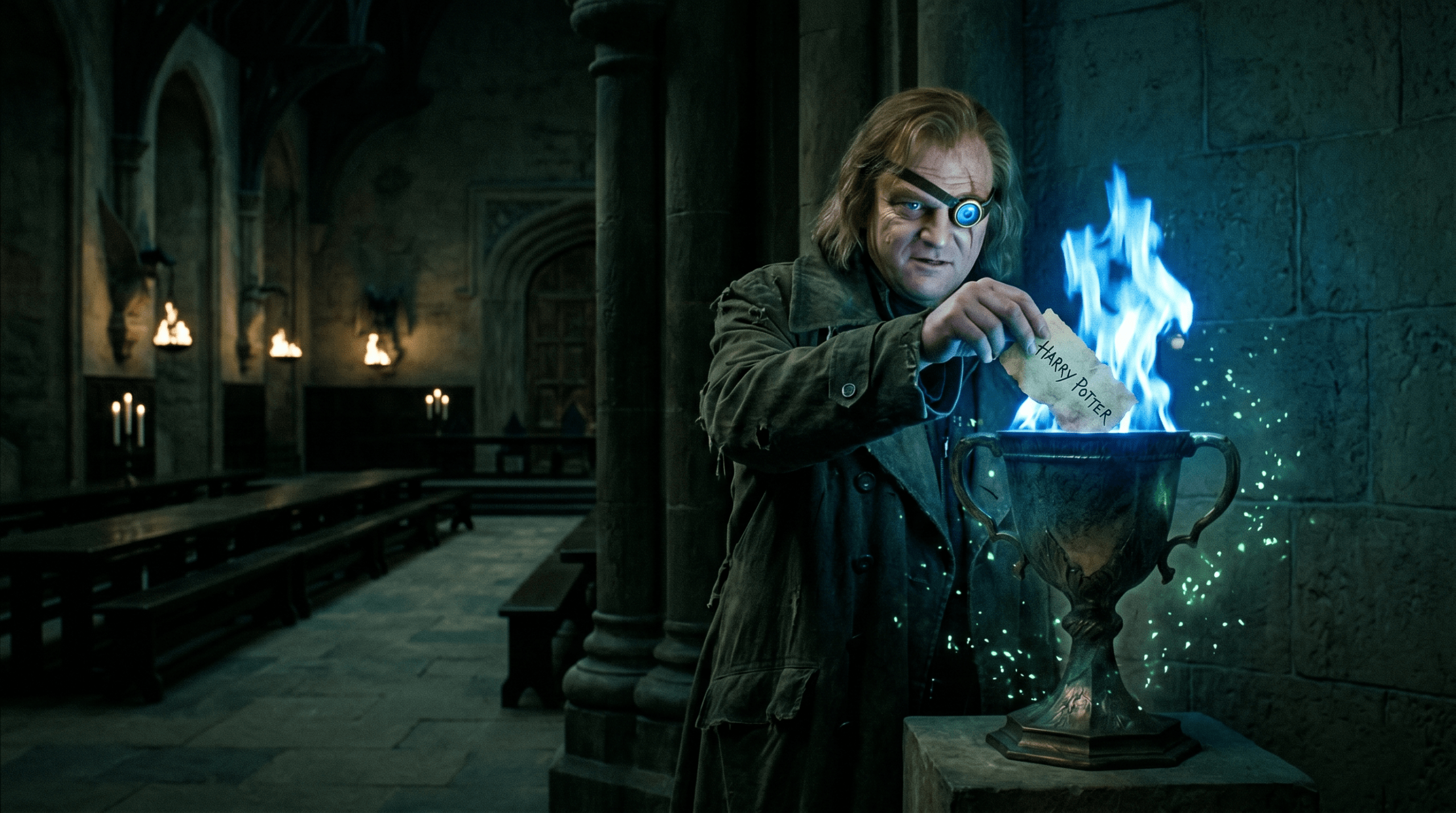 Mad eye Moddy putting Harry's name inside the Goblet of fire in a vacant room.