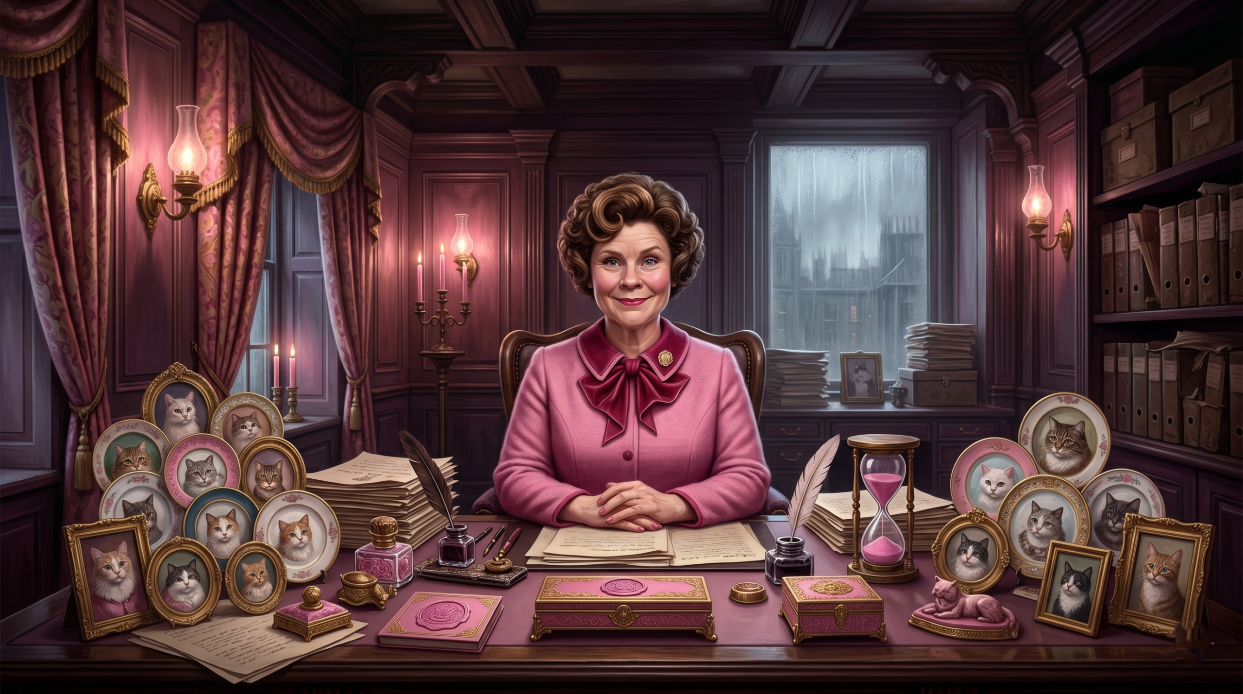 Dolores Umbridge sitting behind Ministry office desk representing bureaucratic evil in Harry Potter