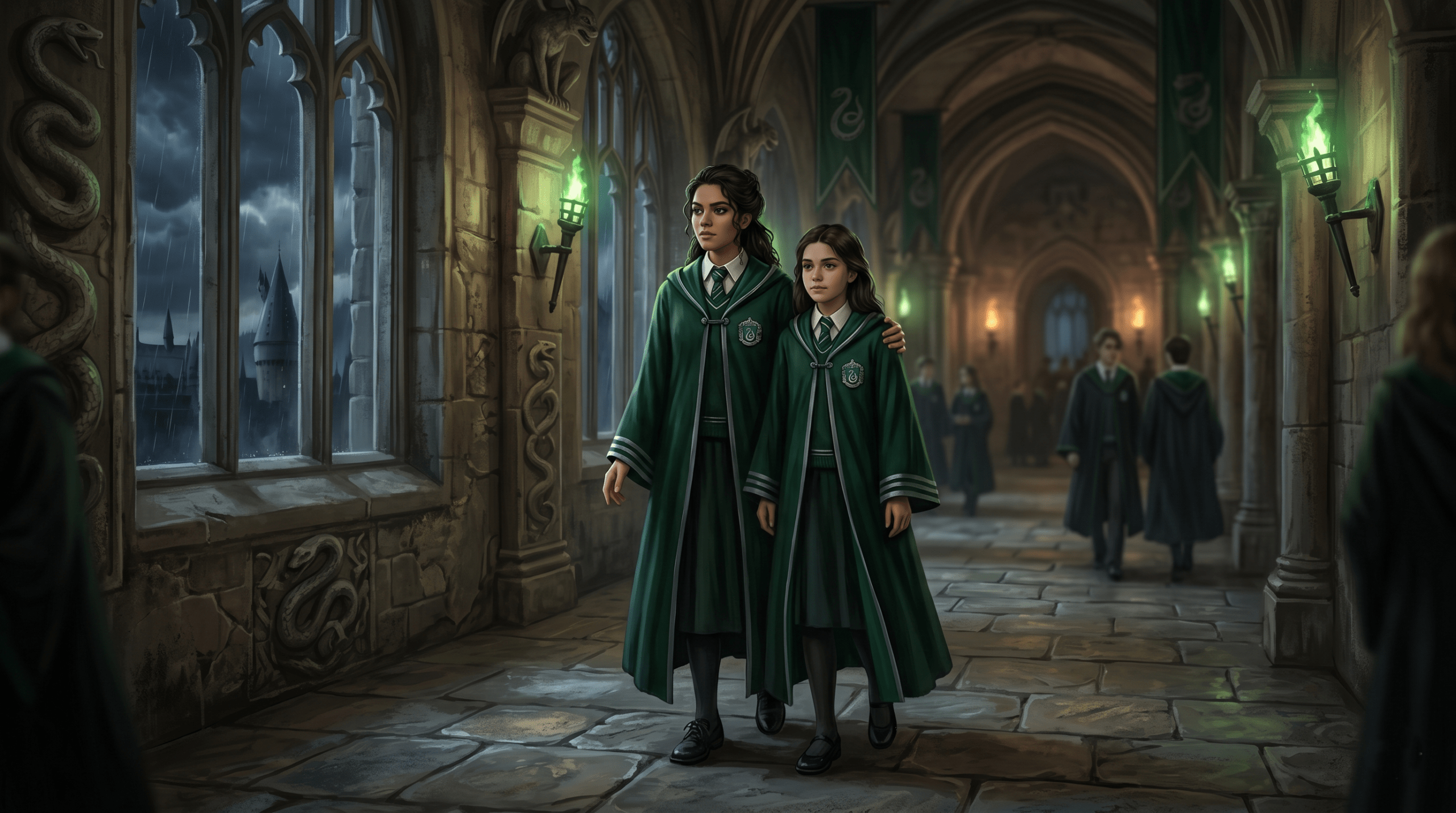 Daphne and Astoria Greengrass sisters in Slytherin robes representing the Greengrass family bond in Harry Potter