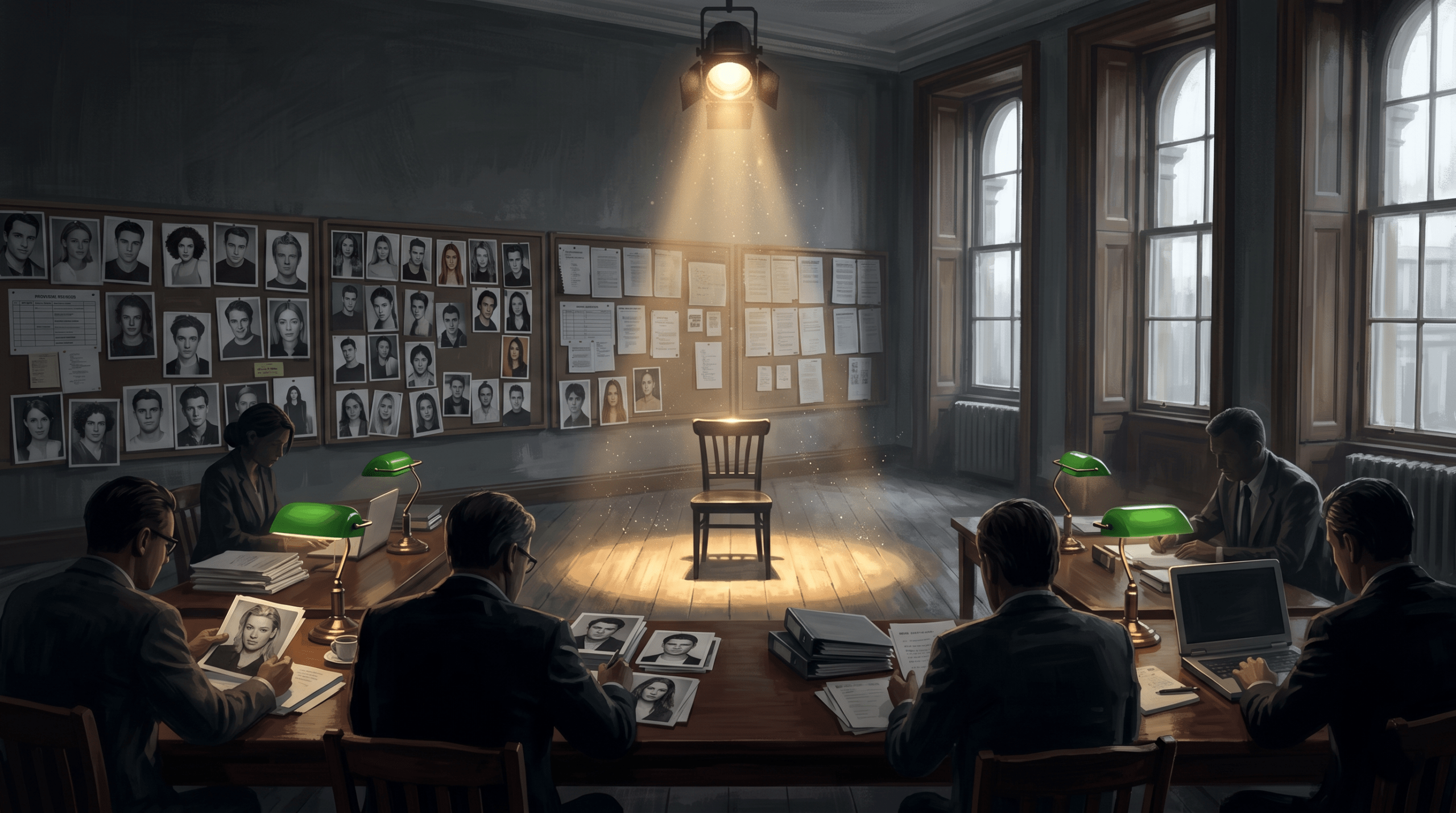 Dramatic casting room spotlight illustration representing the moment Daniel Radcliffe was chosen as Harry Potter