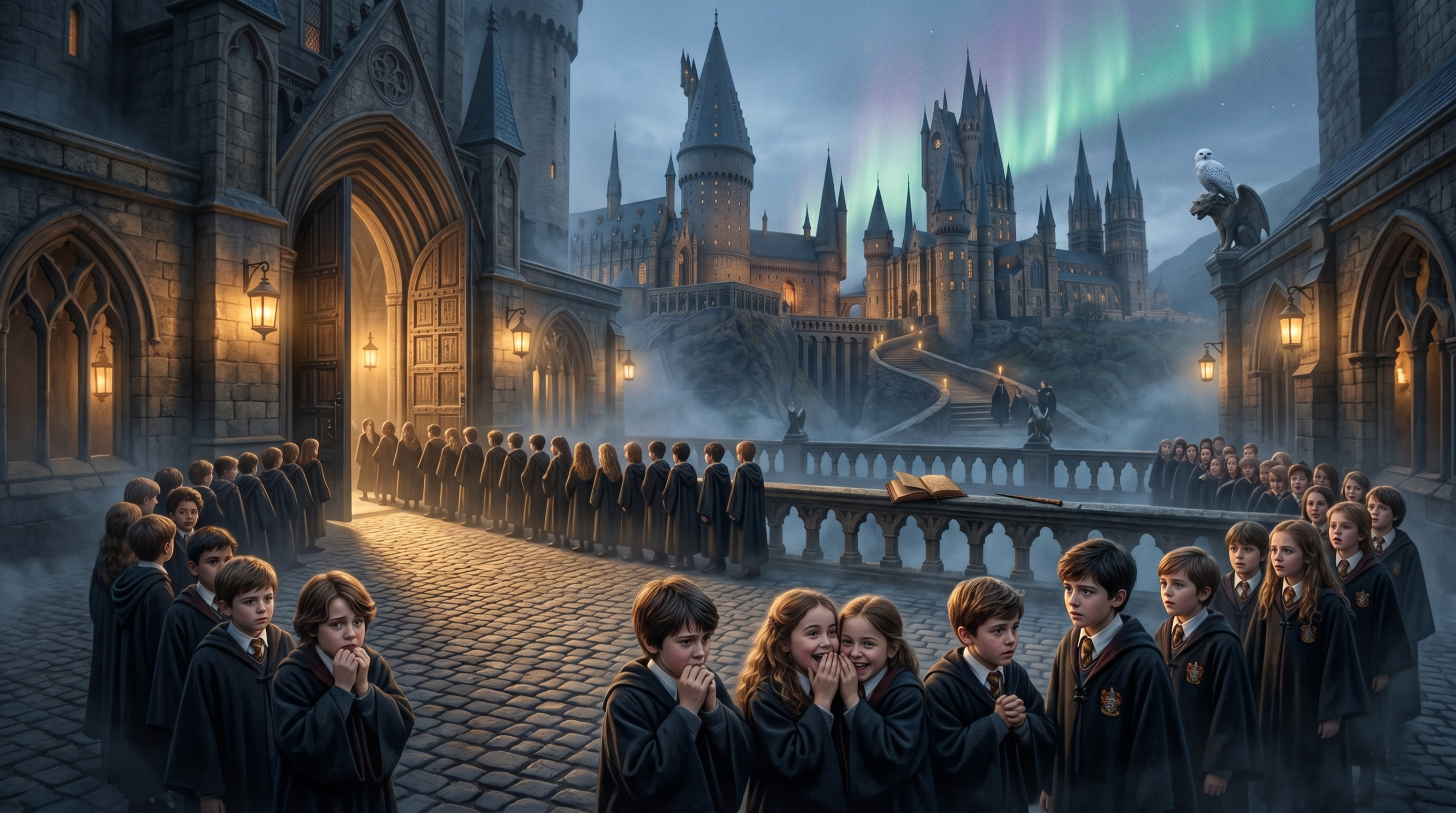 Hundreds of young children auditioning for roles in Harry Potter and the Philosopher's Stone outside a grand castle setting