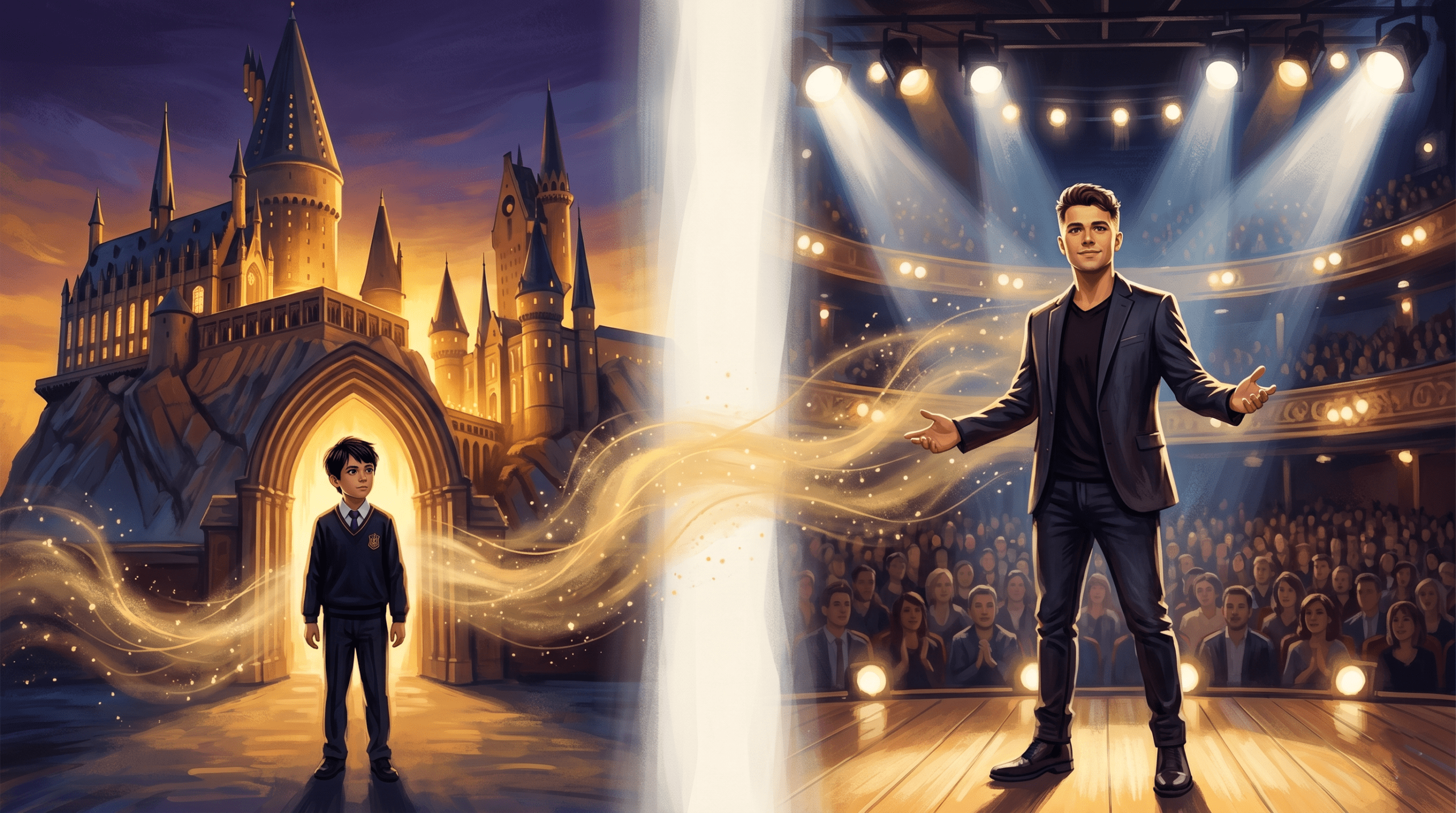Split cinematic illustration showing a child actor growing into an adult stage performer representing Daniel Radcliffe's legacy from young age to acclaimed career