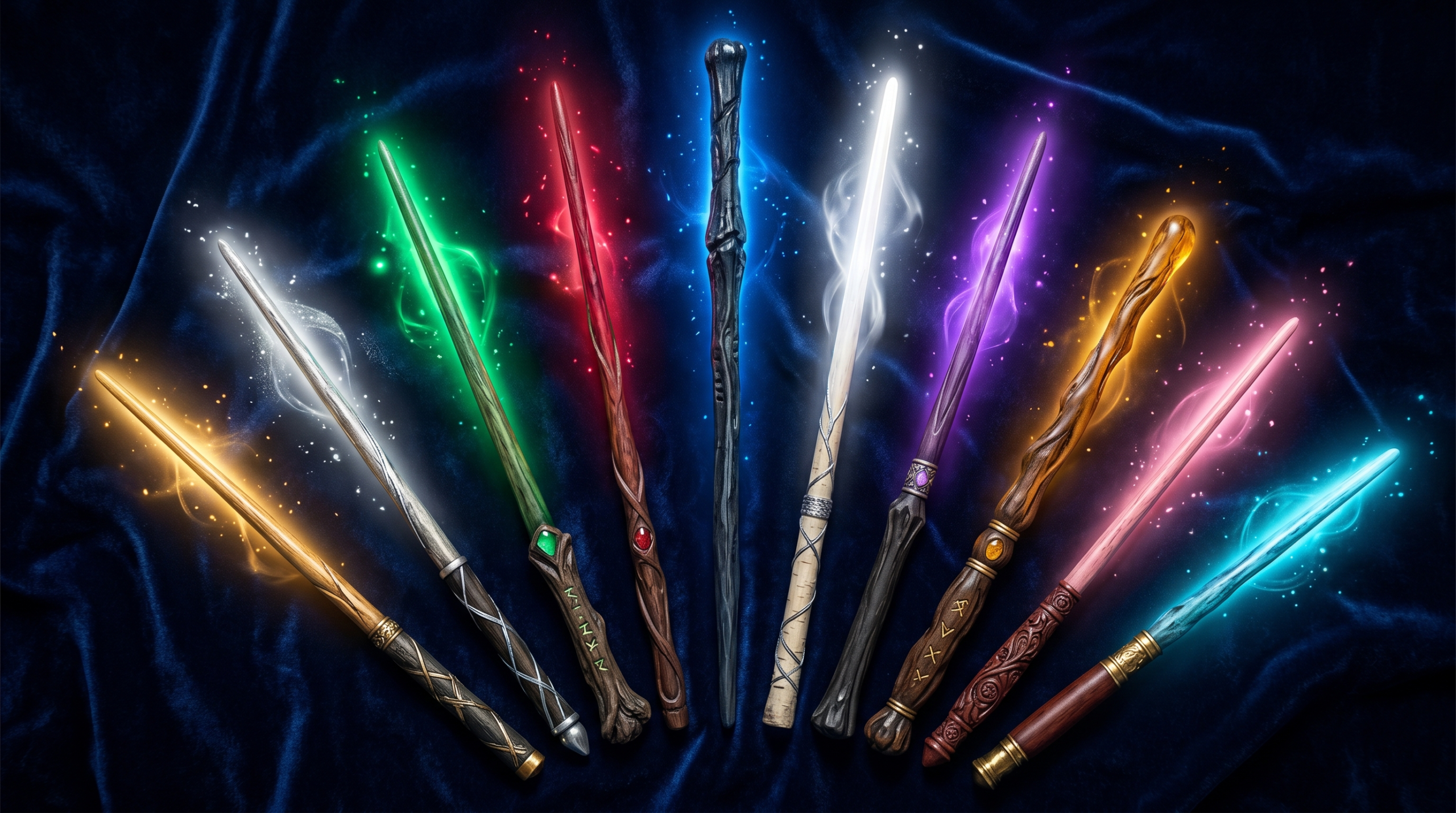 Ten iconic magical wands arranged in a fan display each glowing with unique colored magical auras