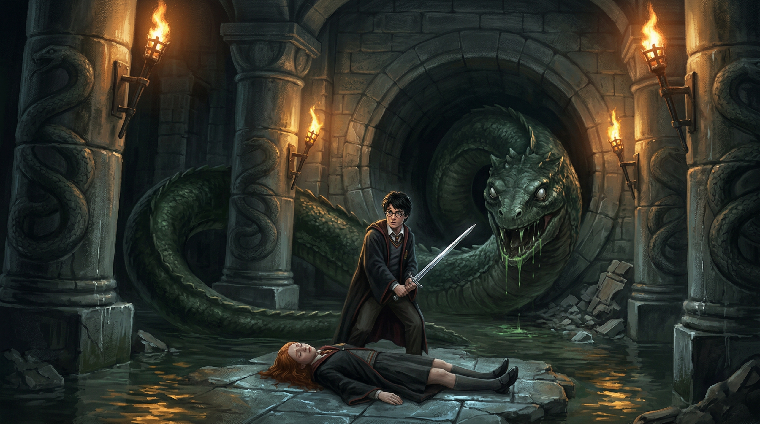 Harry Potter battles the Basilisk in the Chamber of Secrets to save Ginny Weasley
