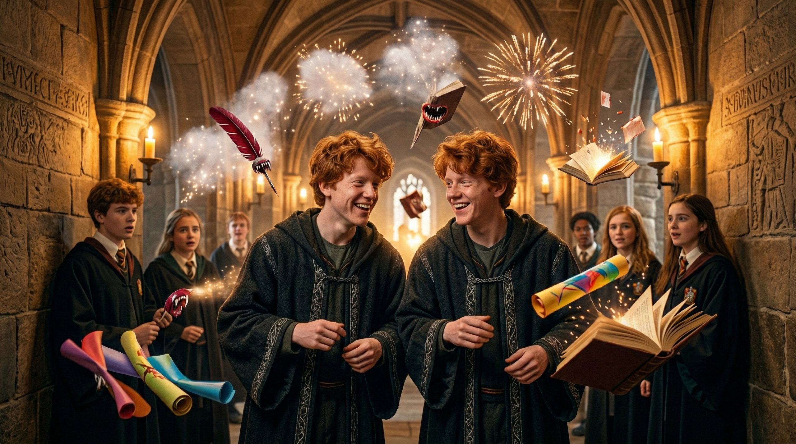 Twin Hogwarts students surrounded by magical joke products and colorful enchanted fireworks in a castle corridor