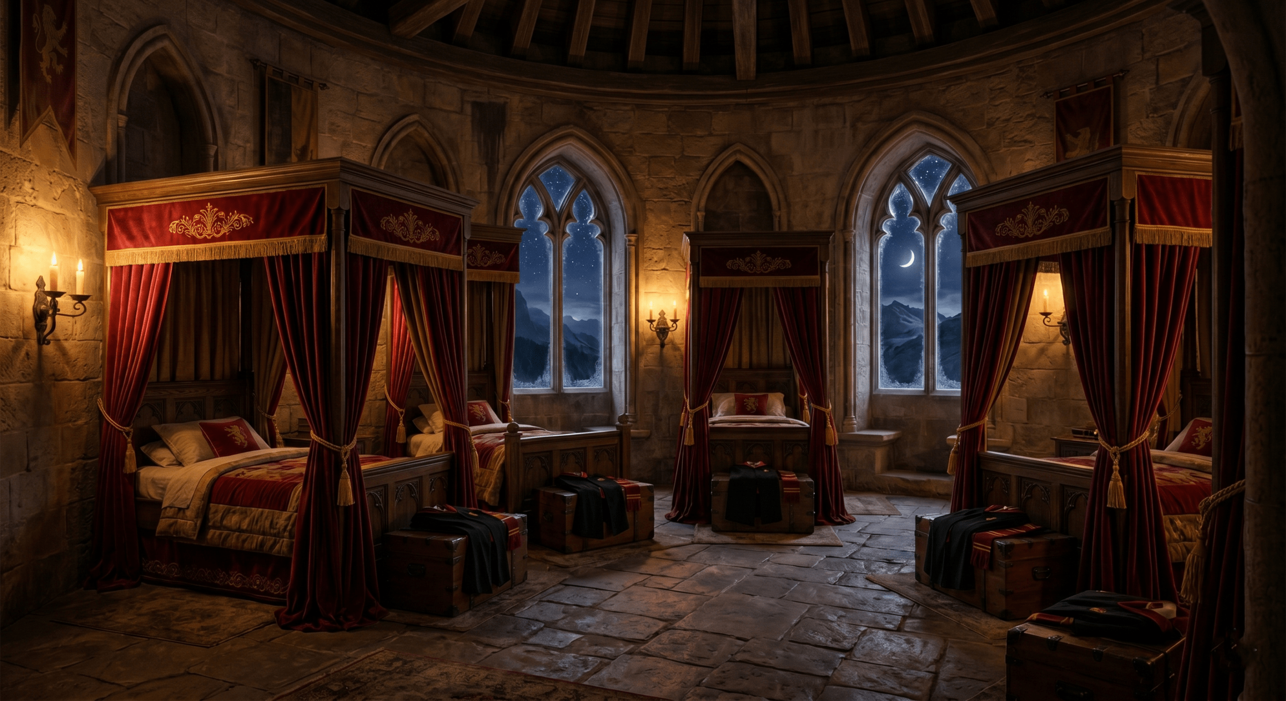 Hogwarts dormitory room with five four-poster beds showing small student population evidence