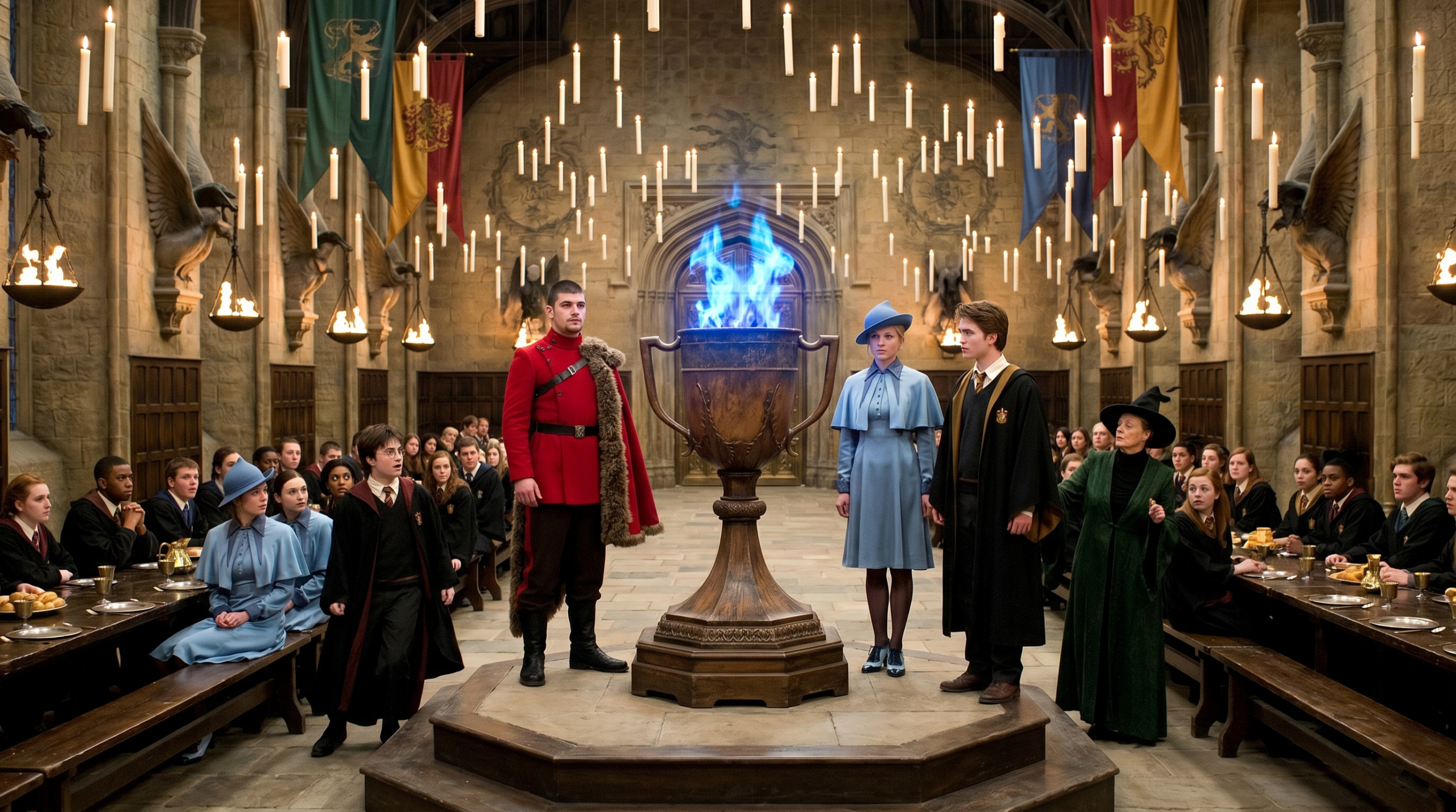 All the Triwizard competitors are standing beside the Goblet of fire waiting for their time to come. 