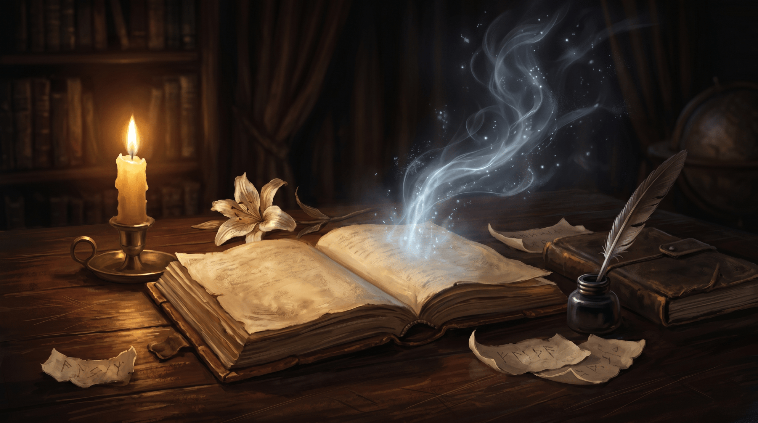 An open magical book glowing with silver light beside a candle and a dried lily flower on an ancient wooden desk