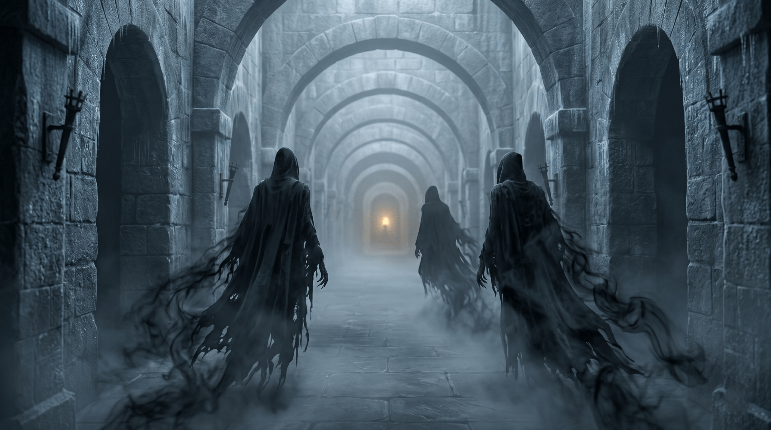 Dementors gliding through dark Azkaban prison corridor representing despair and fear in Harry Potter
