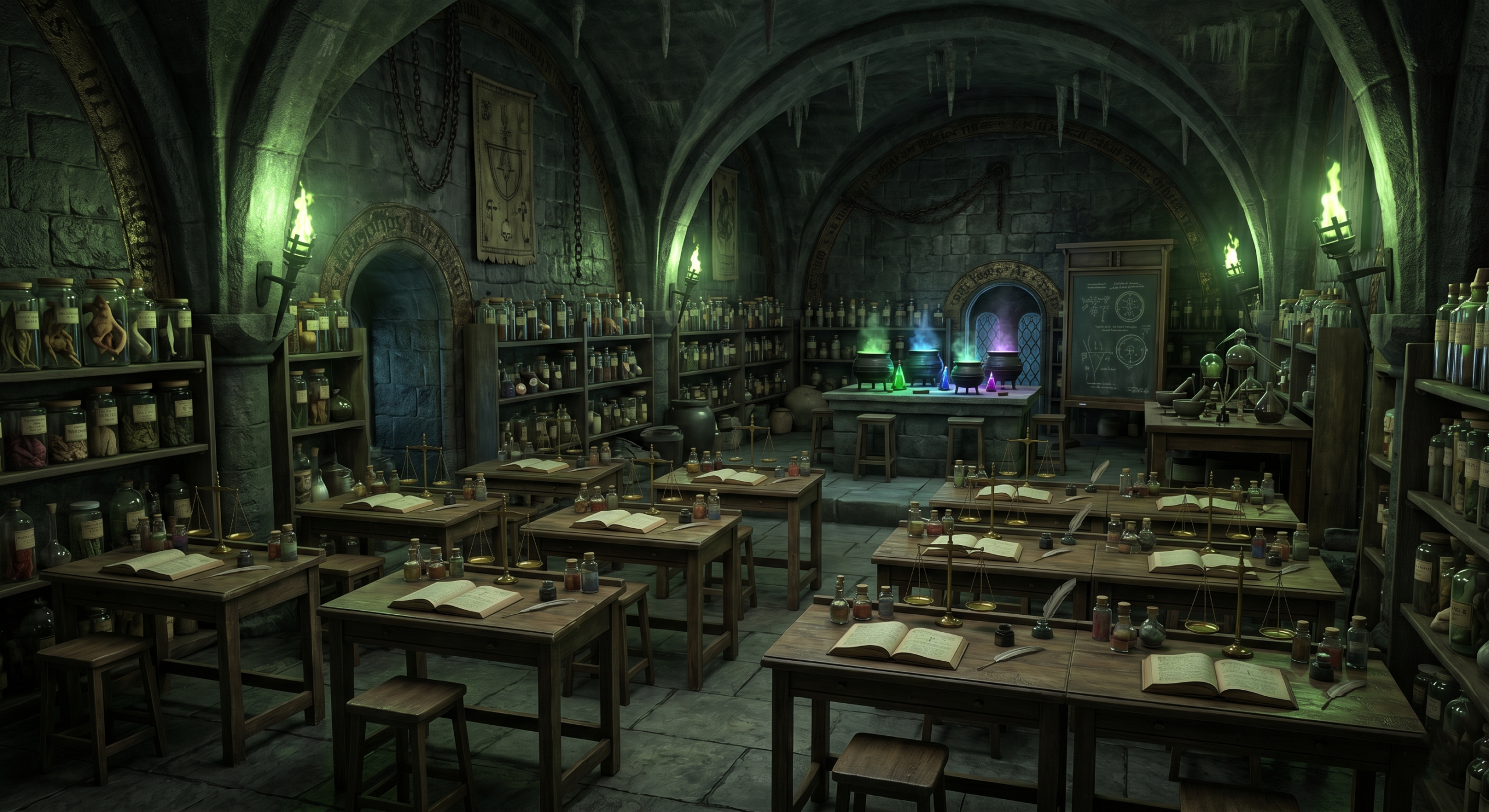 Small Hogwarts dungeon potions classroom with limited desks suggesting intimate class sizes
