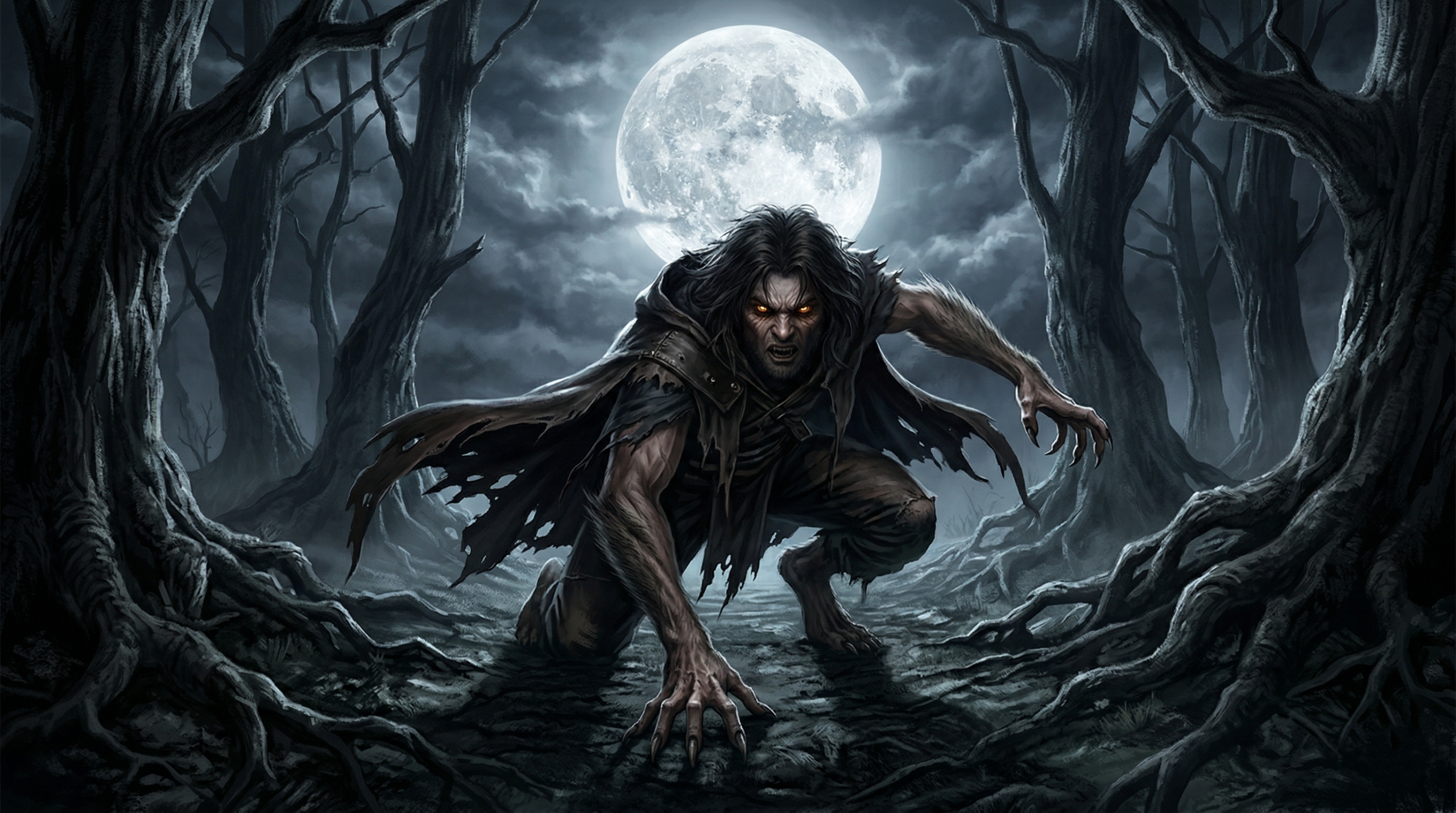 A savage werewolf dark wizard figure crouching in a moonlit forest representing Fenrir Greyback in Harry Potter
