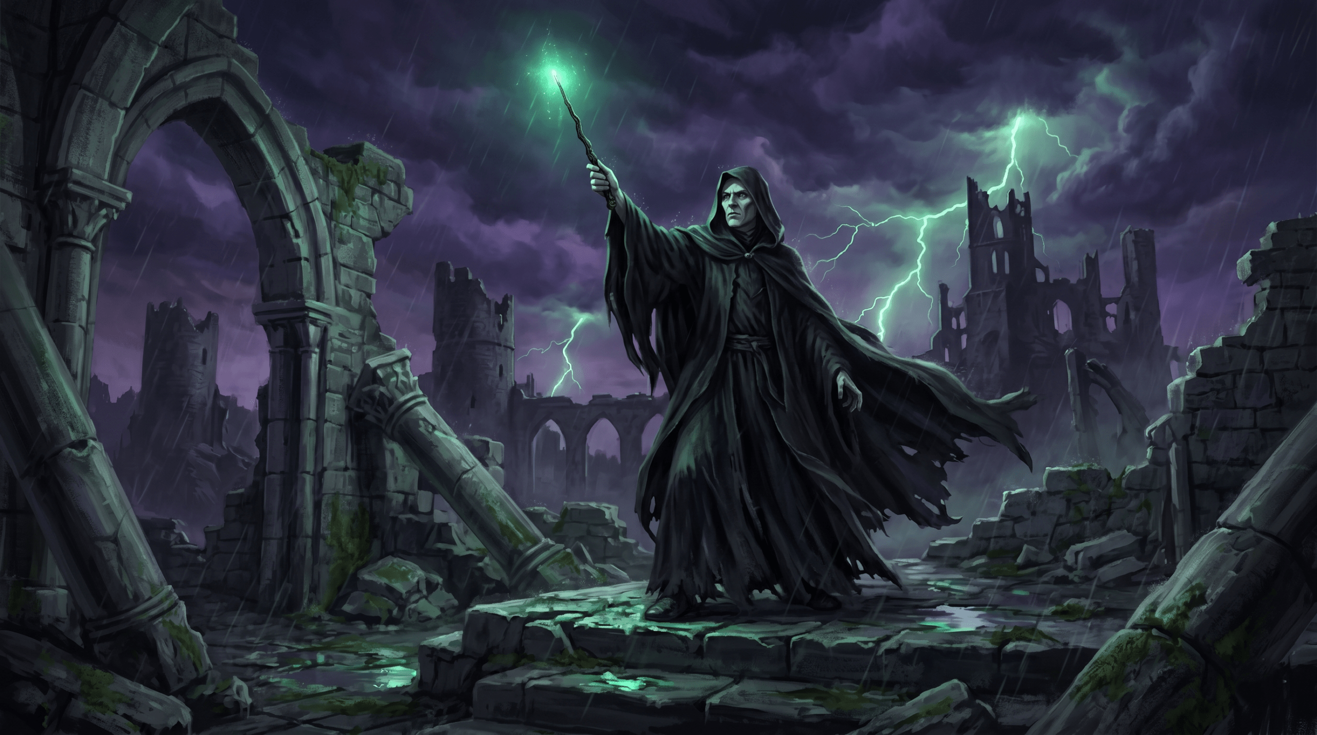 Lord Voldemort the most powerful dark wizard villain in Harry Potter standing in castle ruins