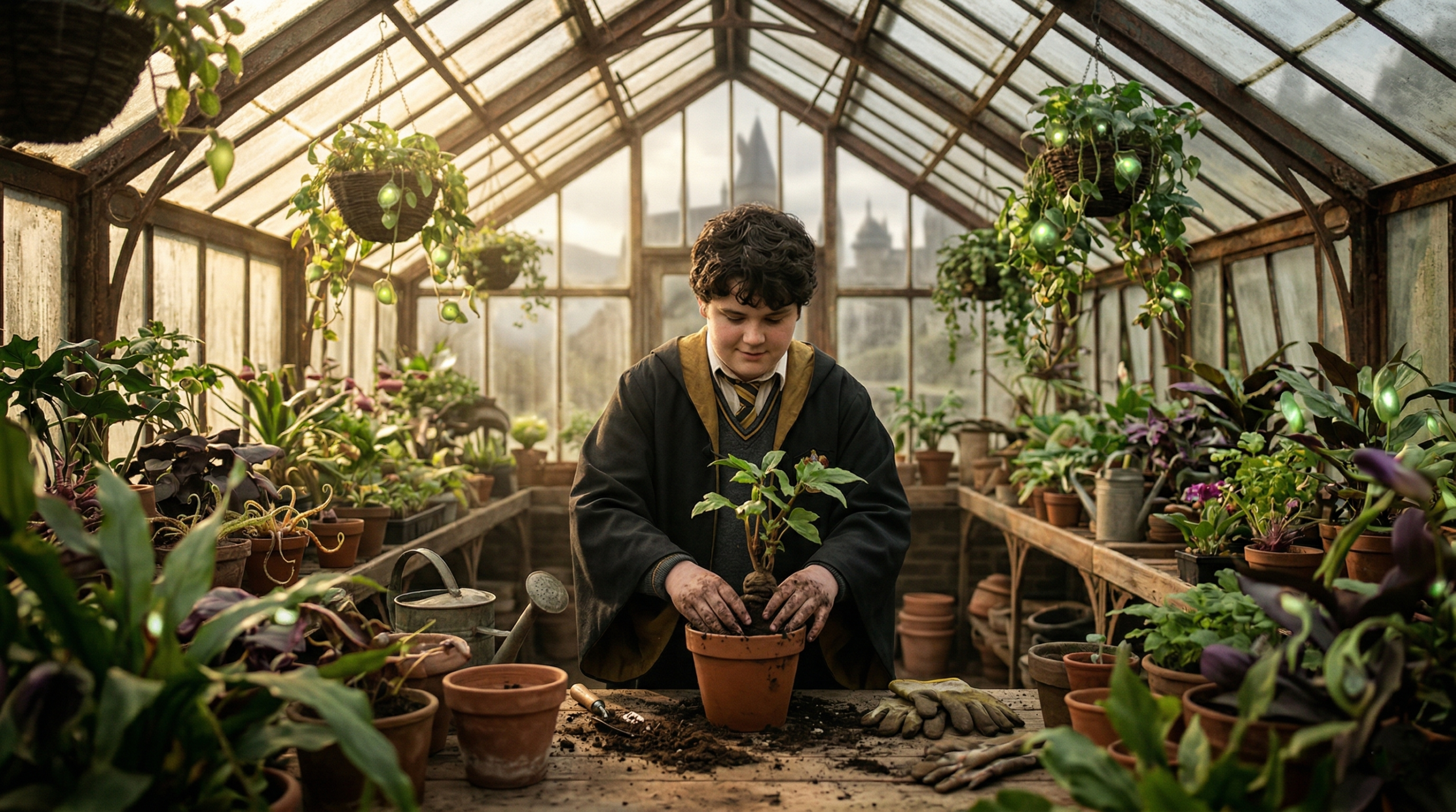 A young Hogwarts student confidently tending to magical plants inside a sunlit greenhouse