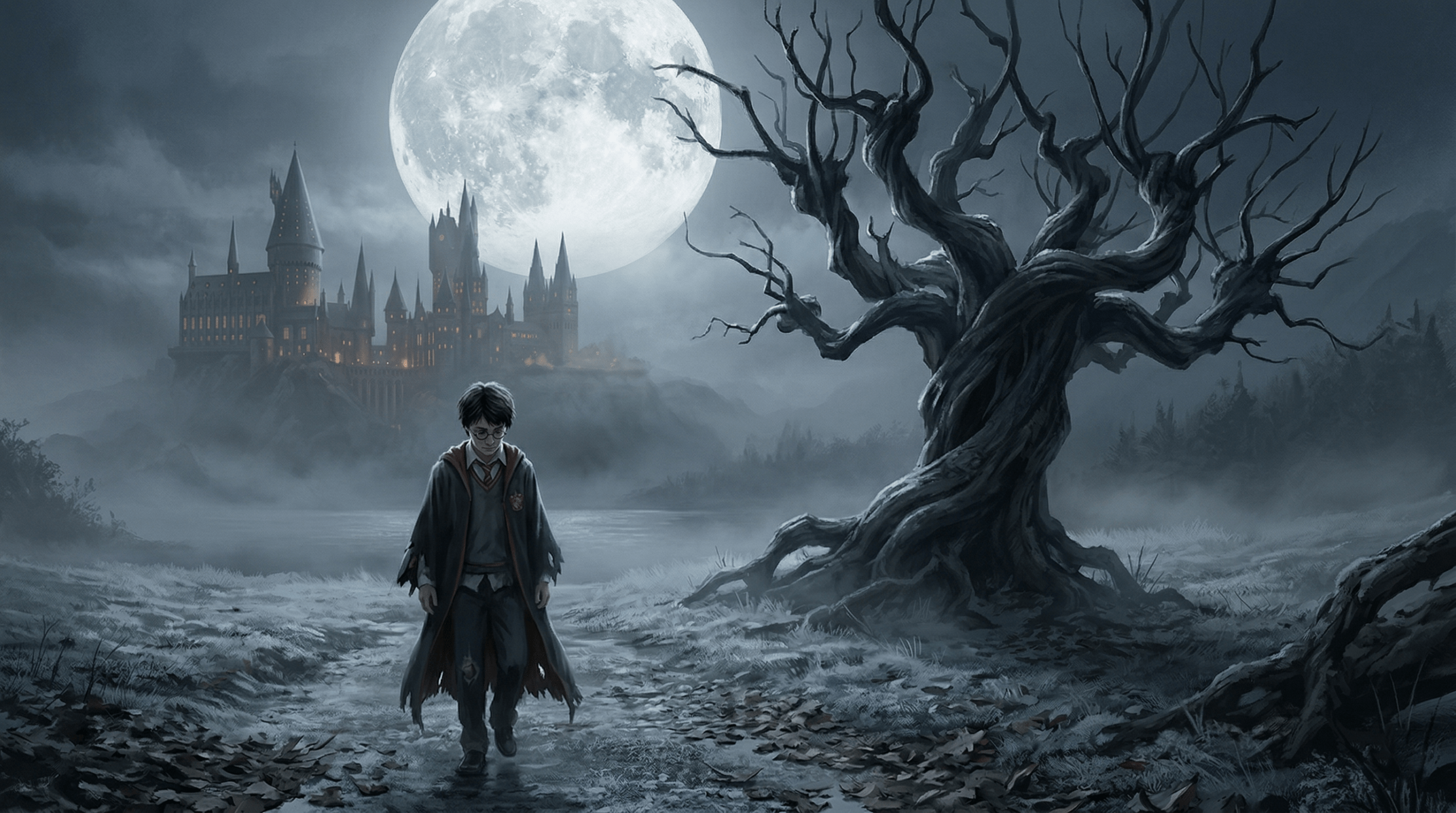 A lonely young student walking across misty Hogwarts grounds at night beneath a full moon with the frozen Whomping Willow looming in the background
