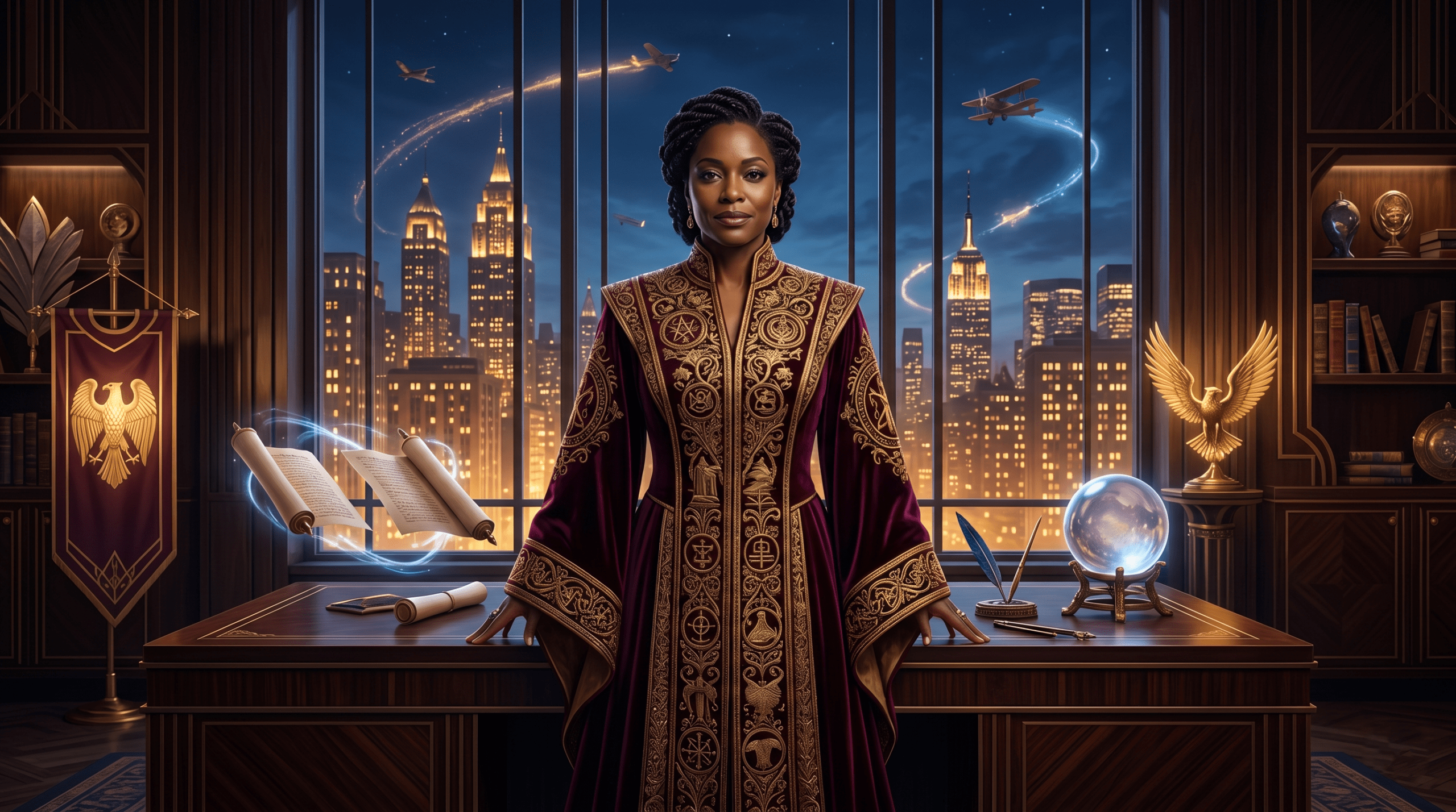 Powerful female president of MACUSA in regal magical robes inside grand Art Deco wizarding office 1920s New York