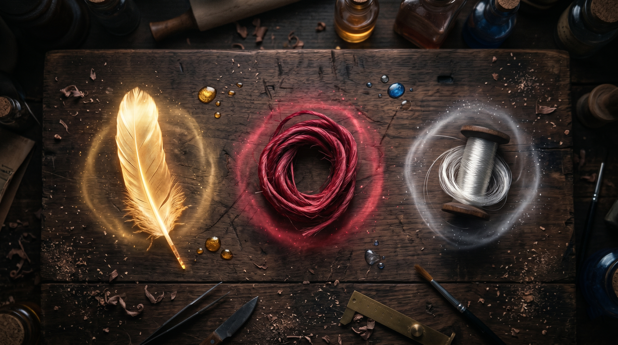 Phoenix feather, dragon heartstring, and unicorn hair wand cores displayed on ancient wood surface