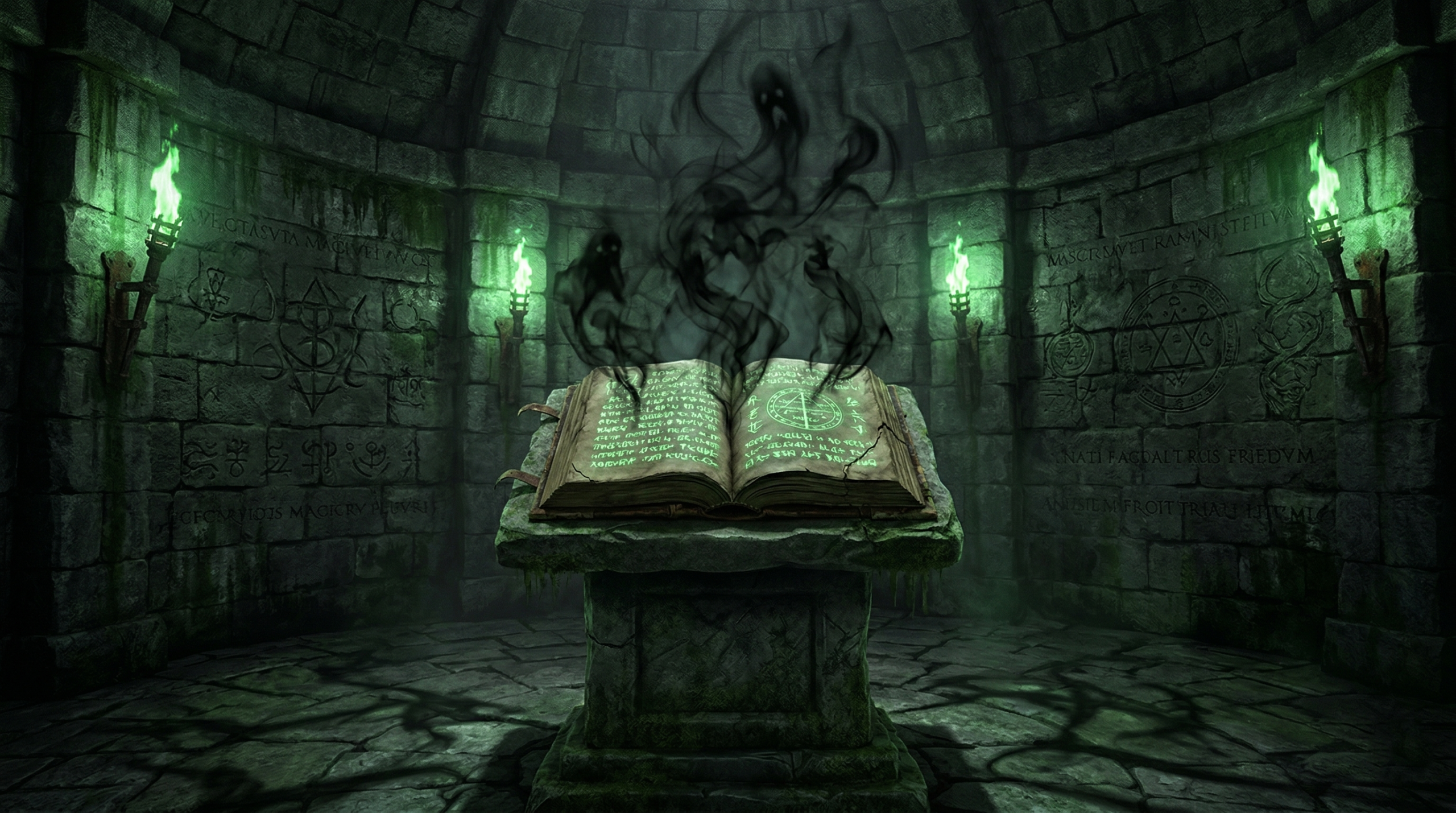 Ancient dark magic spell book depicting the origins of the Killing Curse Avada Kedavra in the wizarding world 