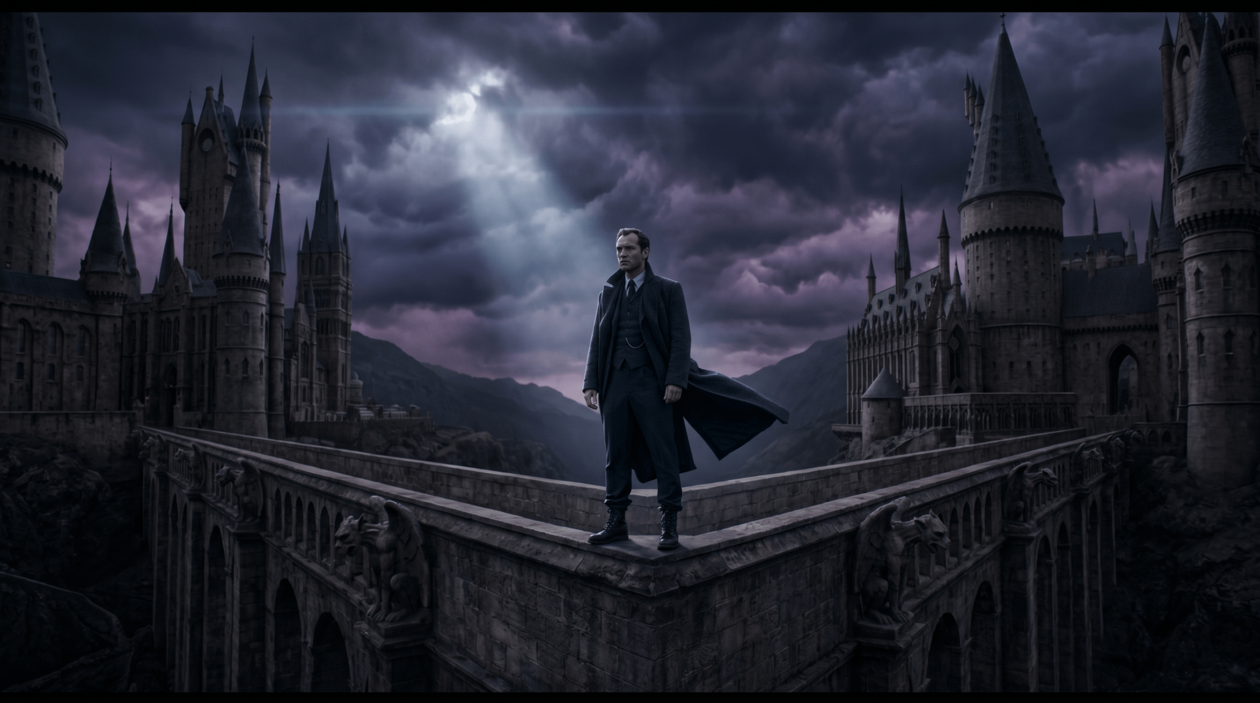 Dramatic dark wizard character standing on a gothic stone Hogwarts bridge symbolizing Cillian Murphy Harry Potter fan casting