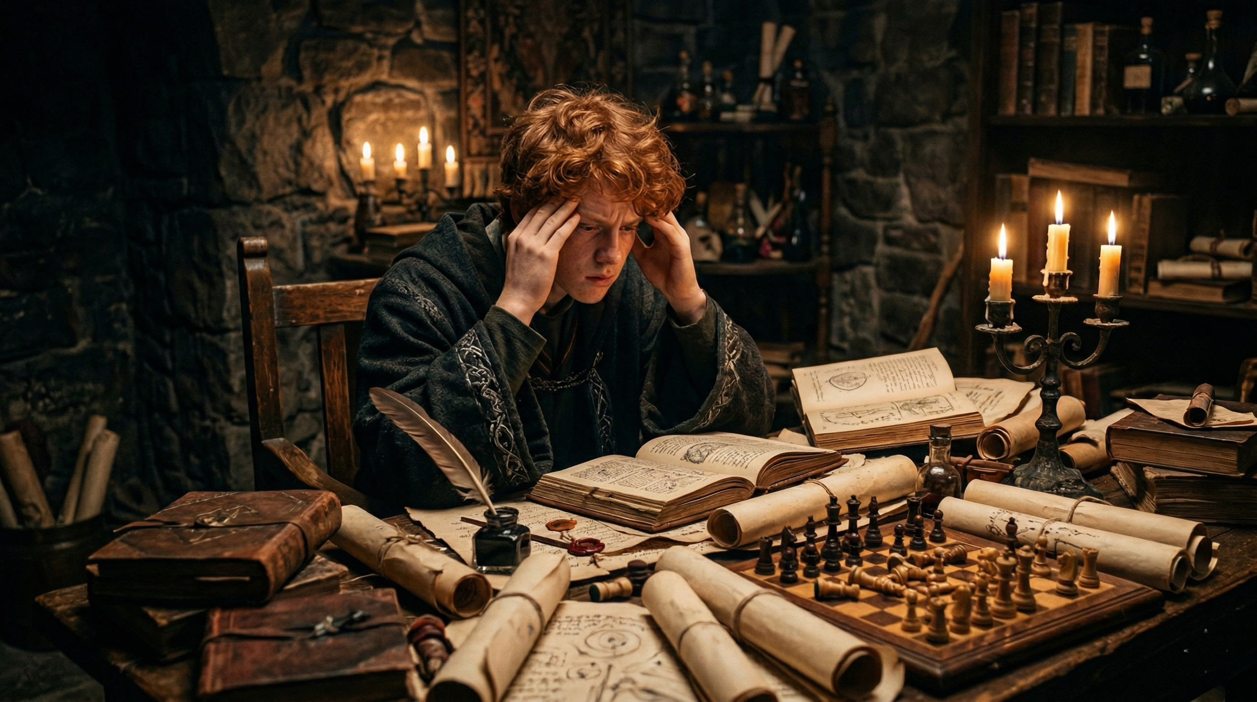 A stressed red-haired Hogwarts student sitting at a cluttered desk surrounded by spell books and parchment 