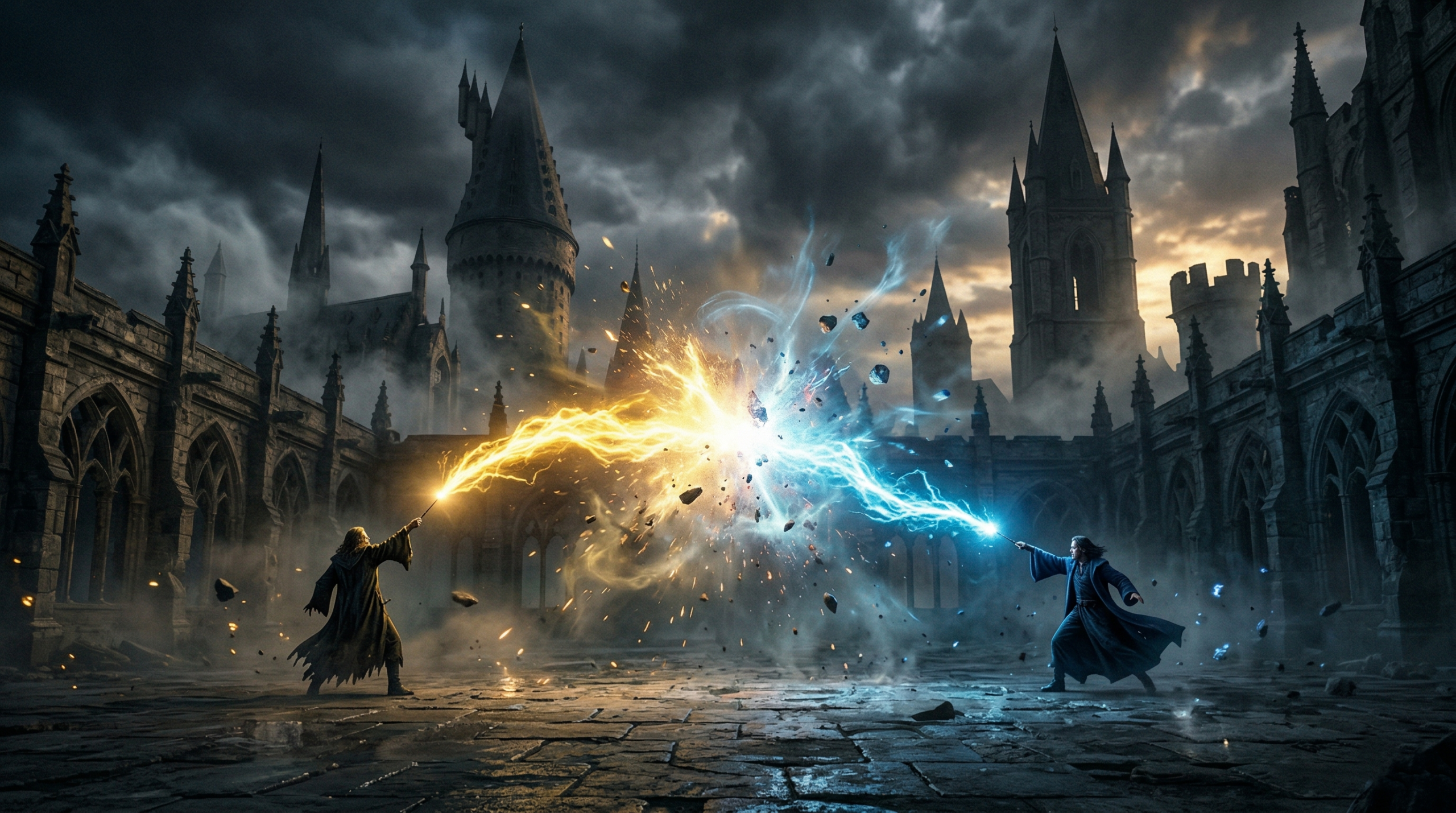 Two powerful wizards dueling with massive magical energy in a gothic European battlefield representing the legendary Grindelwald duel