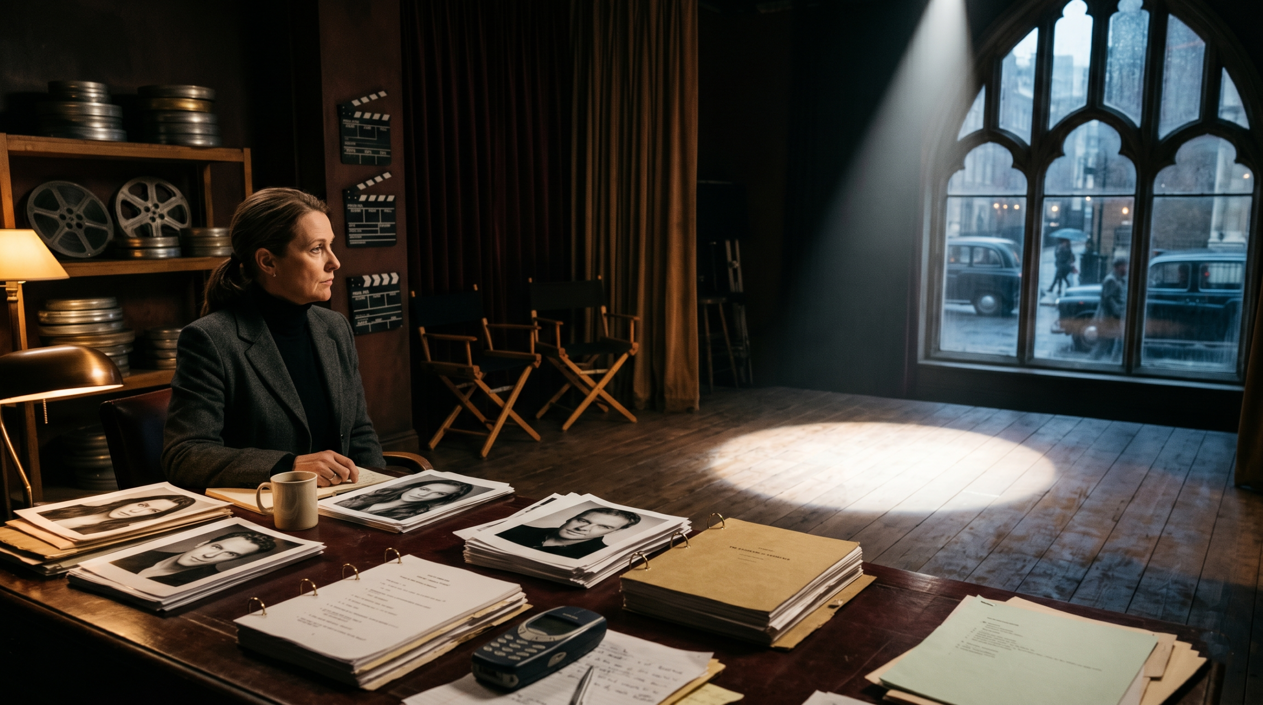 Harry Potter original casting process recreation showing a cinematic film audition room in early 2000s London