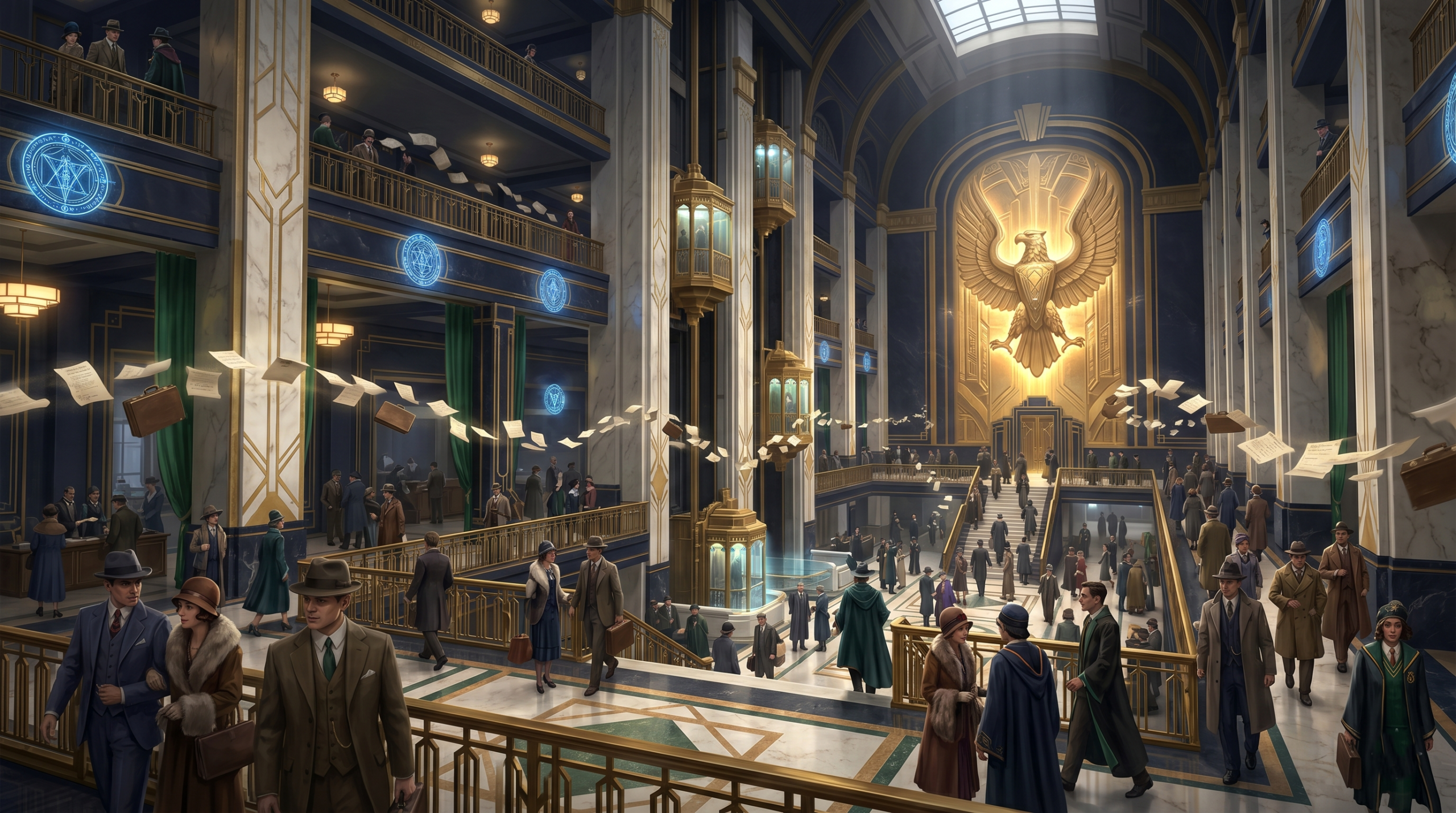 Grand interior of MACUSA magical congress headquarters in 1920s Art Deco New York wizarding world
