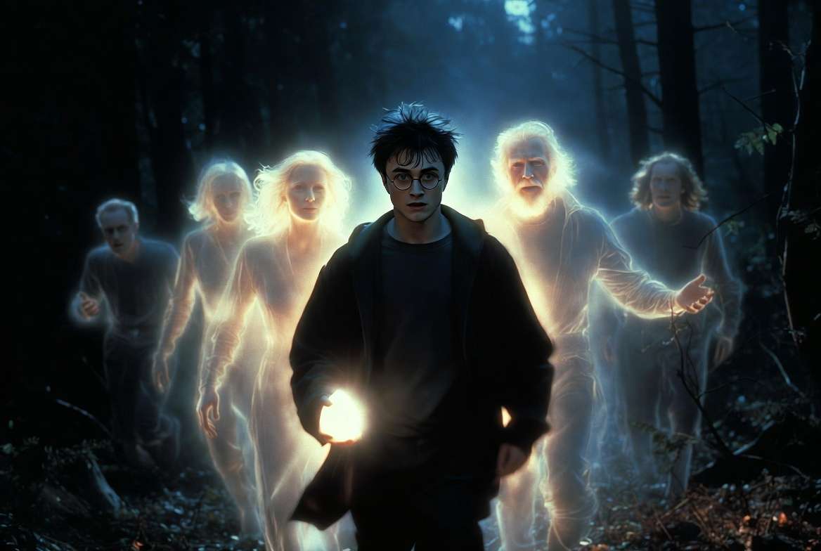 Harry Potter seeing his parents, Sirius, and Lupin through the Resurrection Stone in the Forbidden Forest