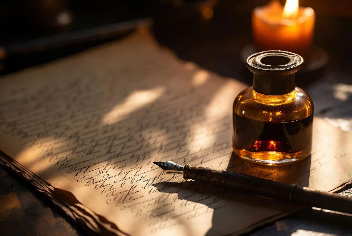 Vintage handwritten manuscript pages on a wooden desk representing J.K. Rowling's Harry Potter writing timeline
