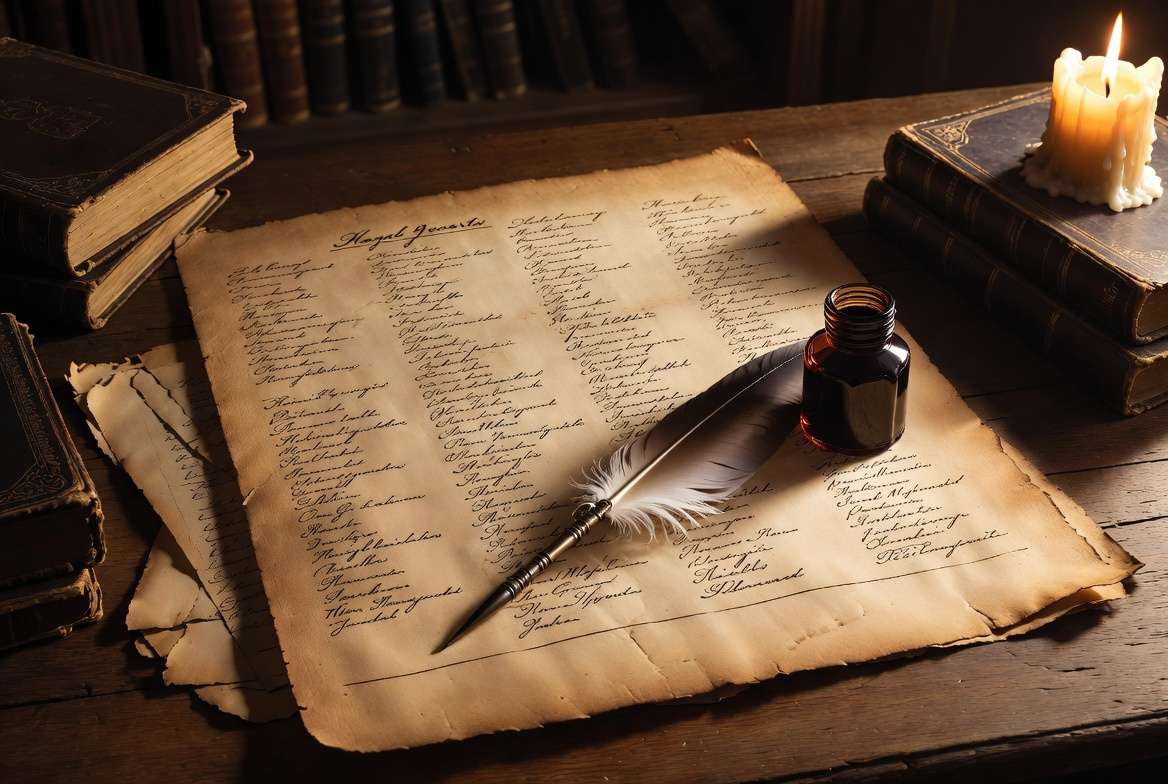 Ancient Hogwarts parchment scroll with handwritten student names representing J.K. Rowling's original Sorting Hat planning notes 