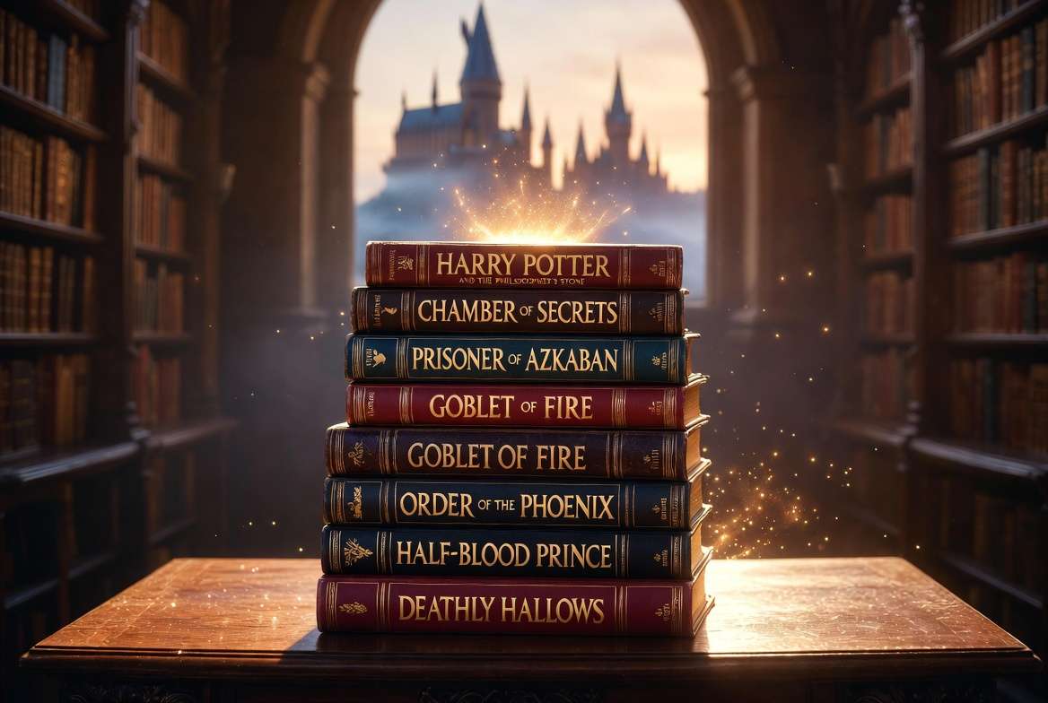 Harry Potter books in order stacked on a wooden desk with magical glow in a Hogwarts library setting