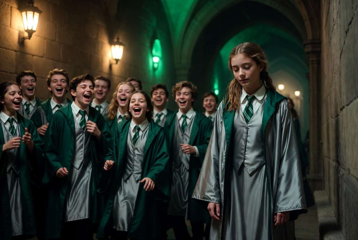 A young Slytherin witch standing apart from her housemates in a Hogwarts corridor symbolizing hidden identity and blood status conflict 
