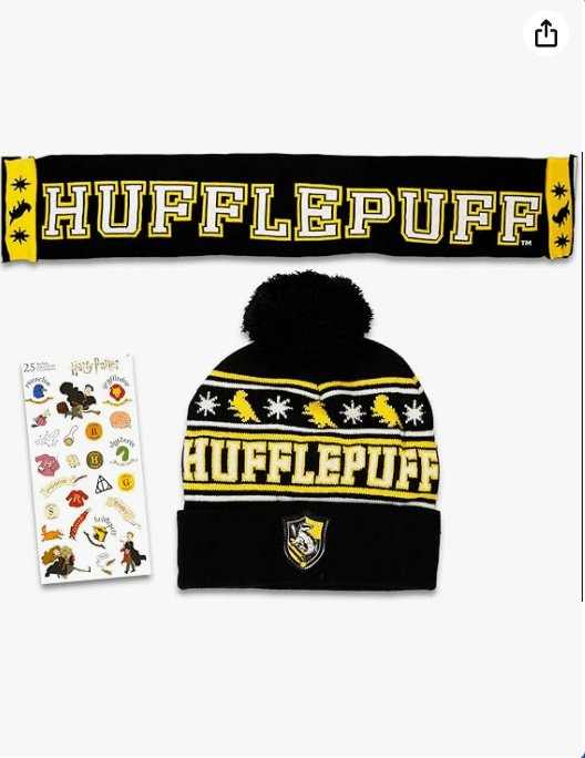 Harry Potter Hufflepuff Hat and Scarf Set for Kids - Hogwarts House Bundle with Hufflepuff Beanie and Scarf Plus Stickers | Harry Potter Winter Gear 