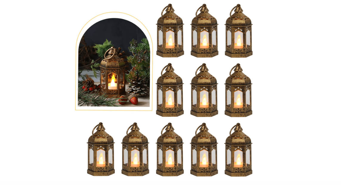 LLQ 8Pcs Mini Lantern with LED Tealight, Vintage Brown Lanterns Decorative, Hanging Candle Lanterns for Halloween Christmas Wedding Table Centerpiece Indian...
