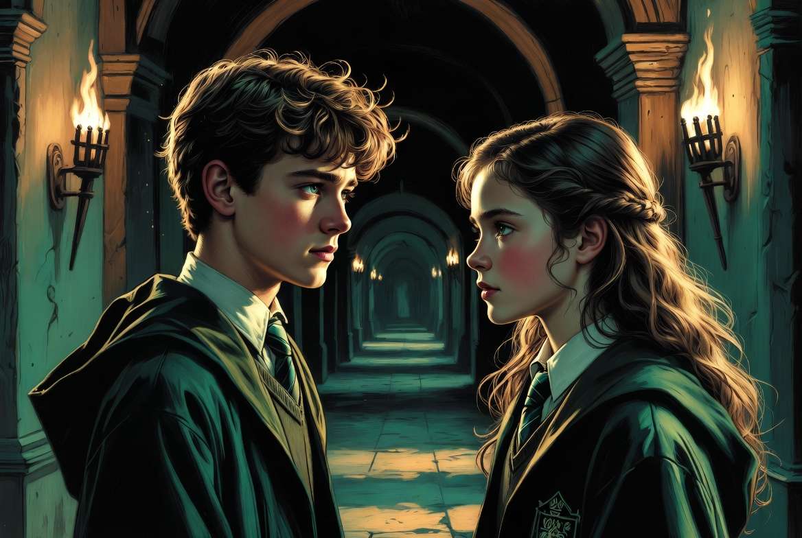 Two Hogwarts students facing each other in a dramatic torchlit corridor representing the Merula Snyde rivals to romance arc in Hogwarts Mystery
