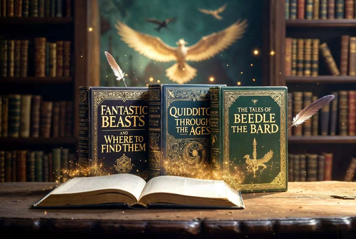 Hogwarts Library companion books Fantastic Beasts Quidditch Through the Ages and Tales of Beedle the Bard displayed magically