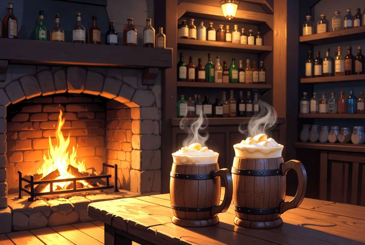 Two mugs of Butterbeer on a cozy table inside the Three Broomsticks in Hogsmeade representing romantic activities in Hogwarts Mystery
