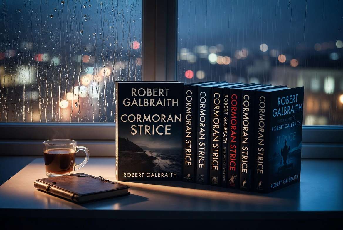 Cormoran Strike series books by Robert Galbraith arranged on a desk with London night view