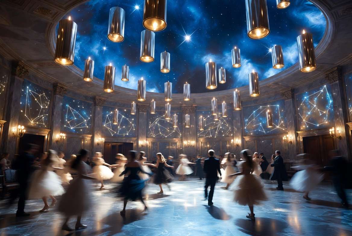 A magical Hogwarts ballroom decorated with enchanted stars and floating candles during the Celestial Ball event in Hogwarts Mystery
