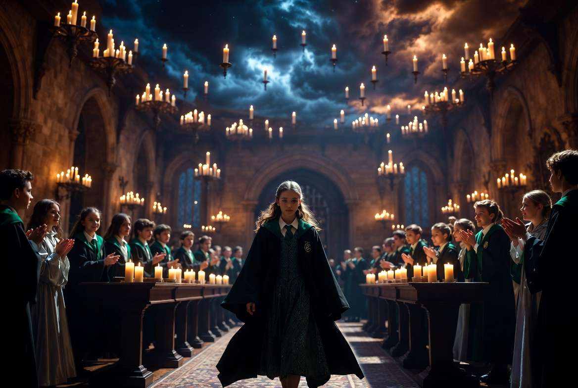 A young witch being sorted into Slytherin House during the Hogwarts Sorting Ceremony in the Great Hall 