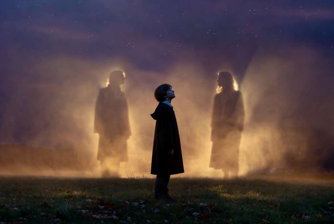 Harry Potter looking at the stars, symbolizing his parents James and Lily letting go after death