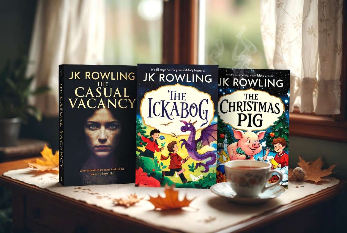 JK Rowling standalone books The Casual Vacancy The Ickabog and The Christmas Pig on a cozy table